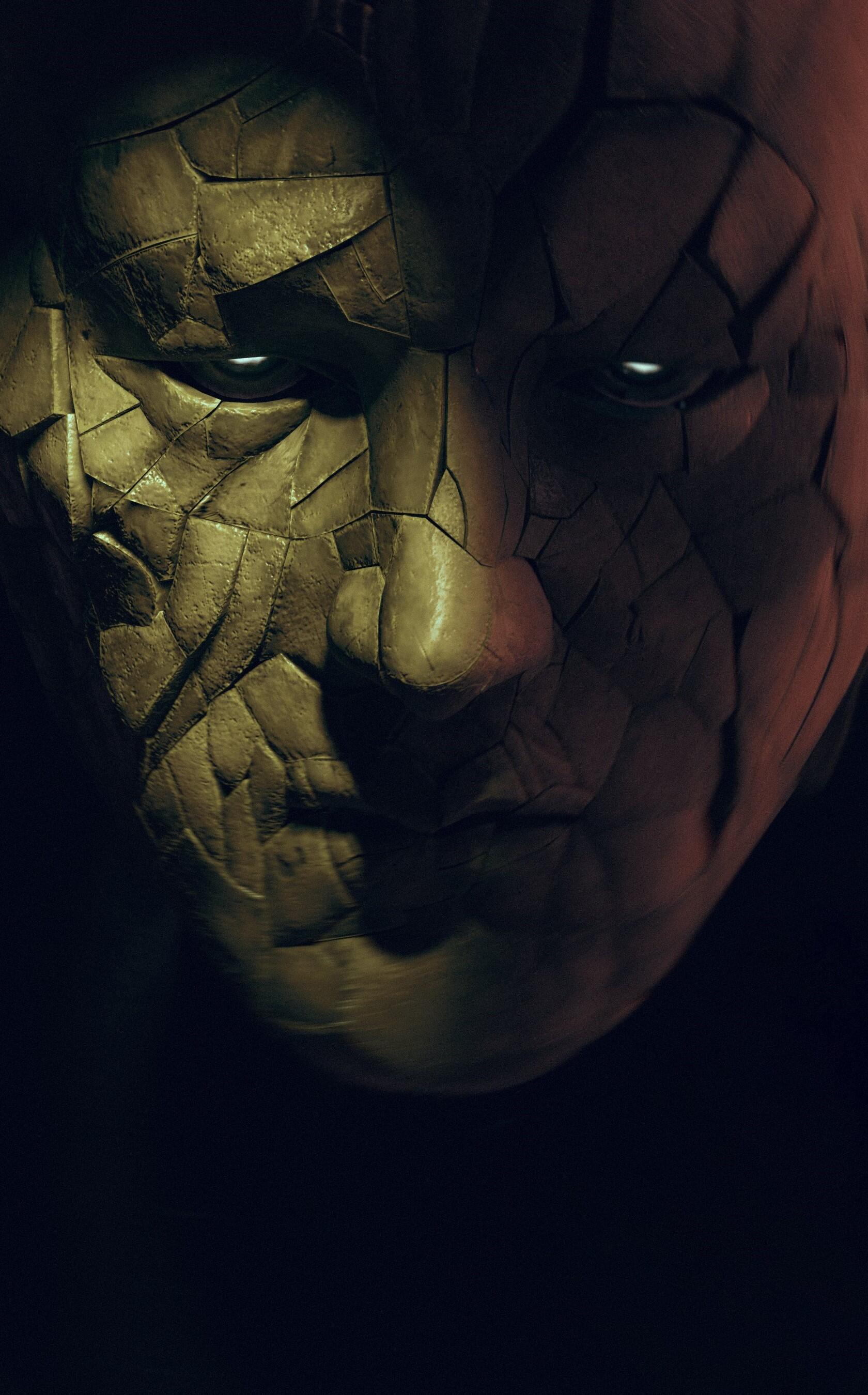 Phone wallpaper for the video game The Forever Winter: a cracked, mosaic-like face split green and red, its faintly glowing eyes peering from shadow.