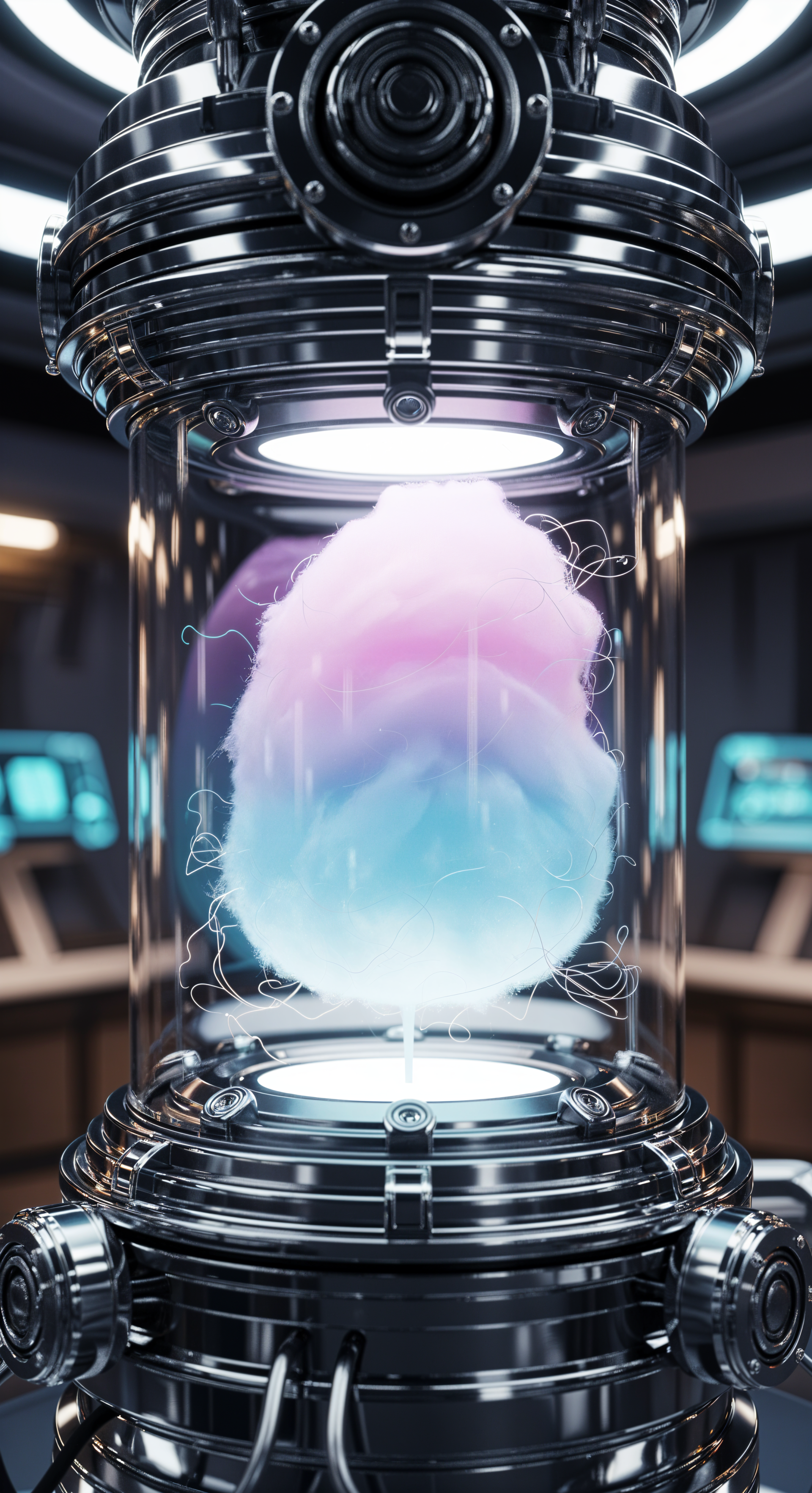 Vertical phone wallpaper showing pastel cotton candy suspended in a futuristic glass chamber with chrome machinery and a soft blue-pink glow.