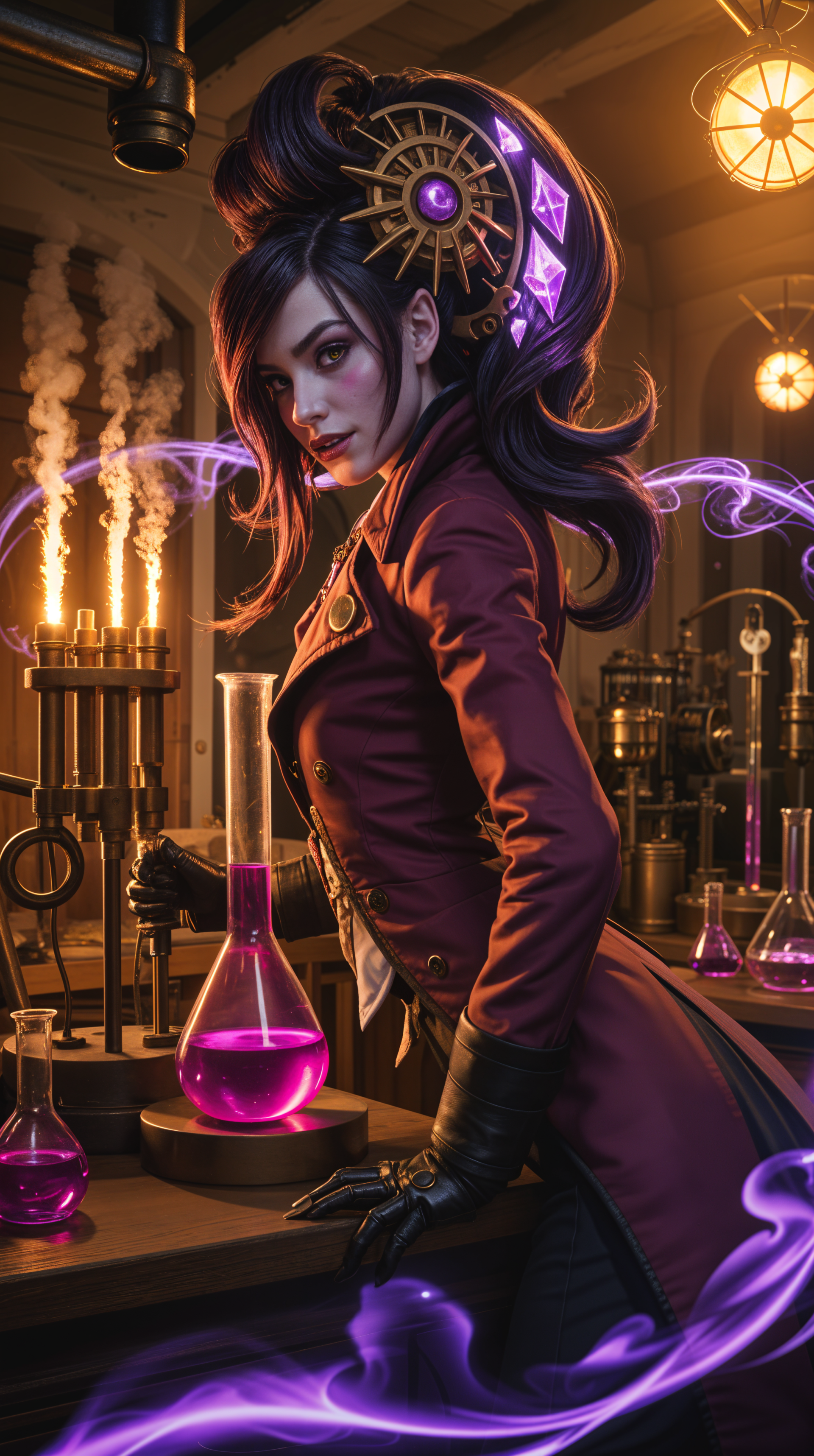 Phone wallpaper of a steampunk alchemist woman in a purple coat amid glowing magenta potions and brass laboratory machinery, purple energy swirling around her.