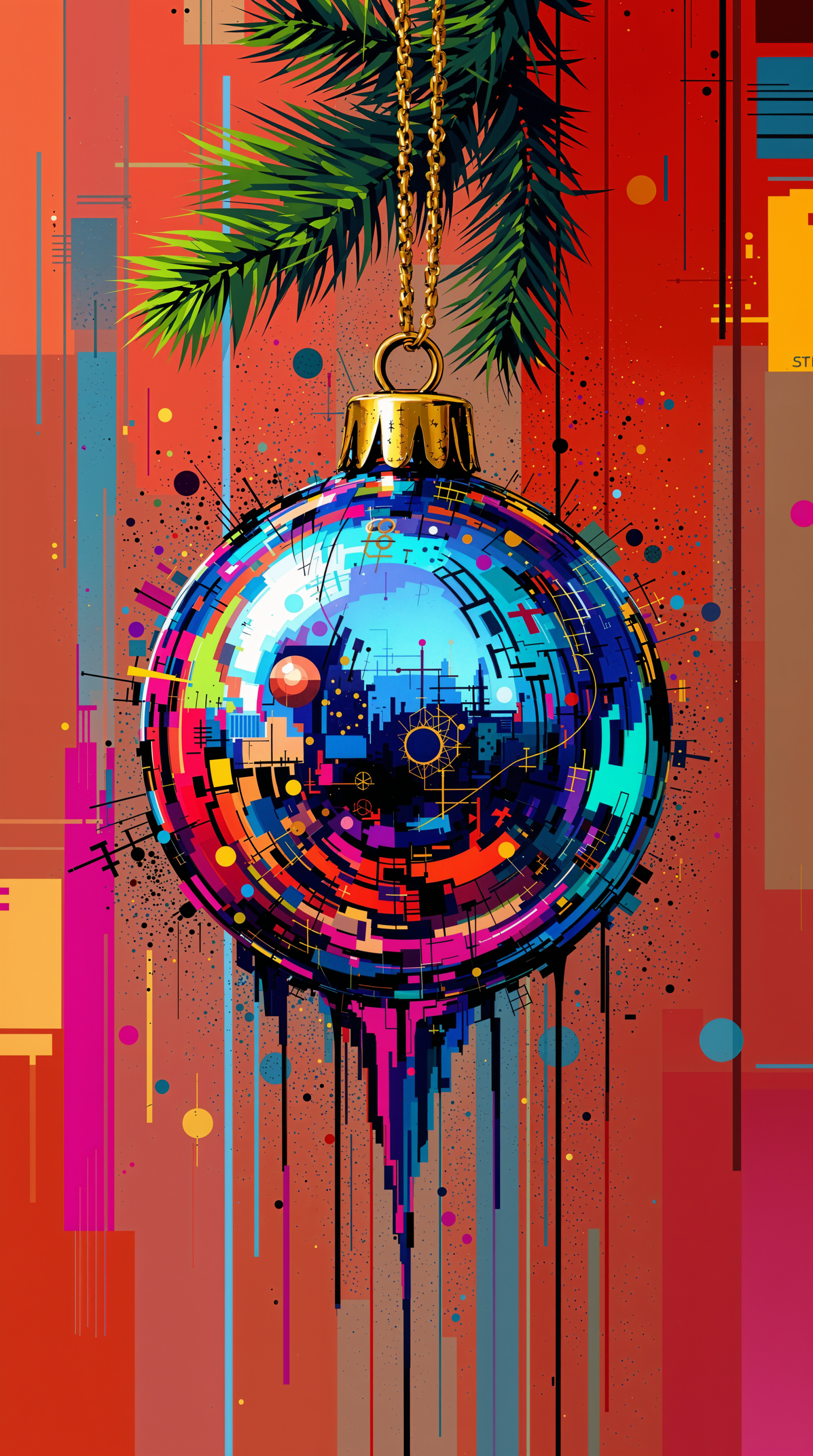 Phone wallpaper of a glossy, pixelated bauble hanging from a fir branch, dripping neon paint with cyberpunk city reflections against a red geometric background.