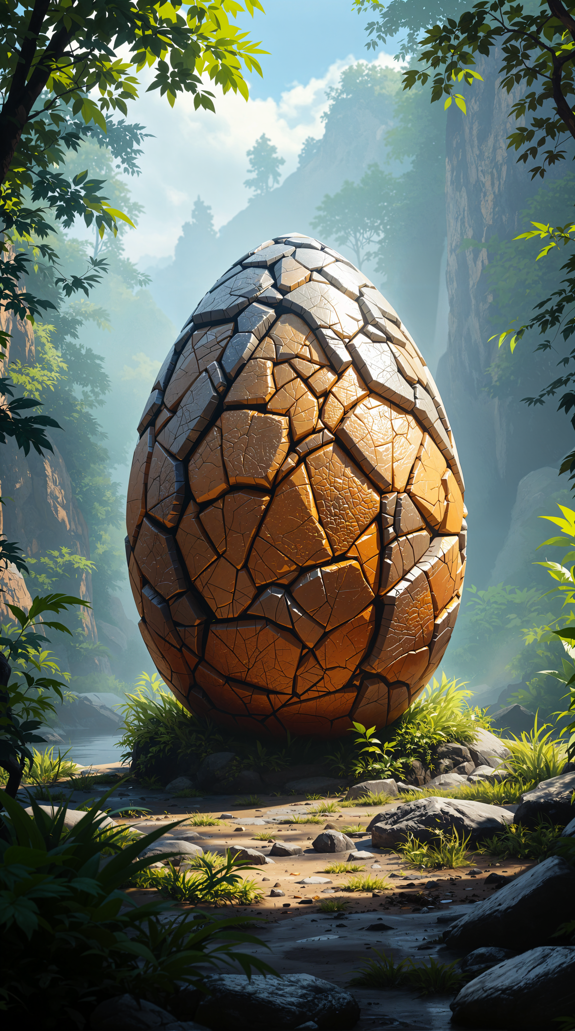 Phone wallpaper showing a giant cracked dinosaur egg on a mossy forest floor, sunlight streaming through tall trees and misty cliffs in the background.