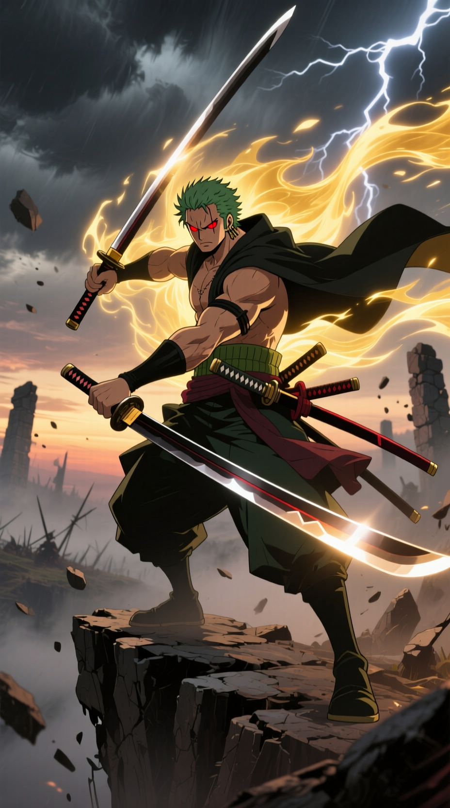One Piece phone wallpaper: Roronoa Zoro stands on a cliff with three swords drawn, green hair, a blazing aura swirling around him and lightning-filled storm clouds overhead.