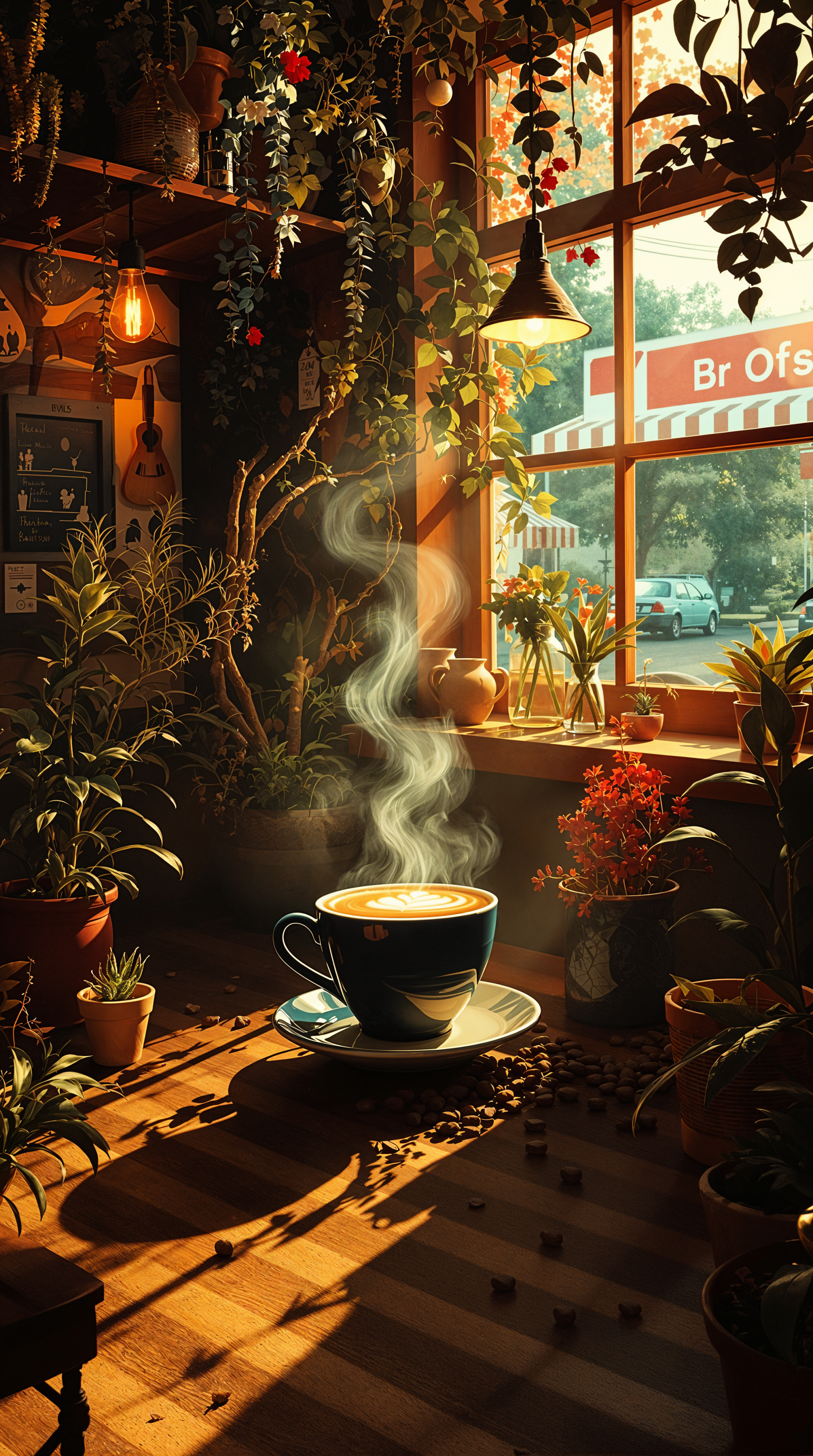 Lofi coffeehouse phone wallpaper: steaming cappuccino on a sunlit wooden table, surrounded by lush potted plants, hanging lights and warm window light casting cozy shadows.