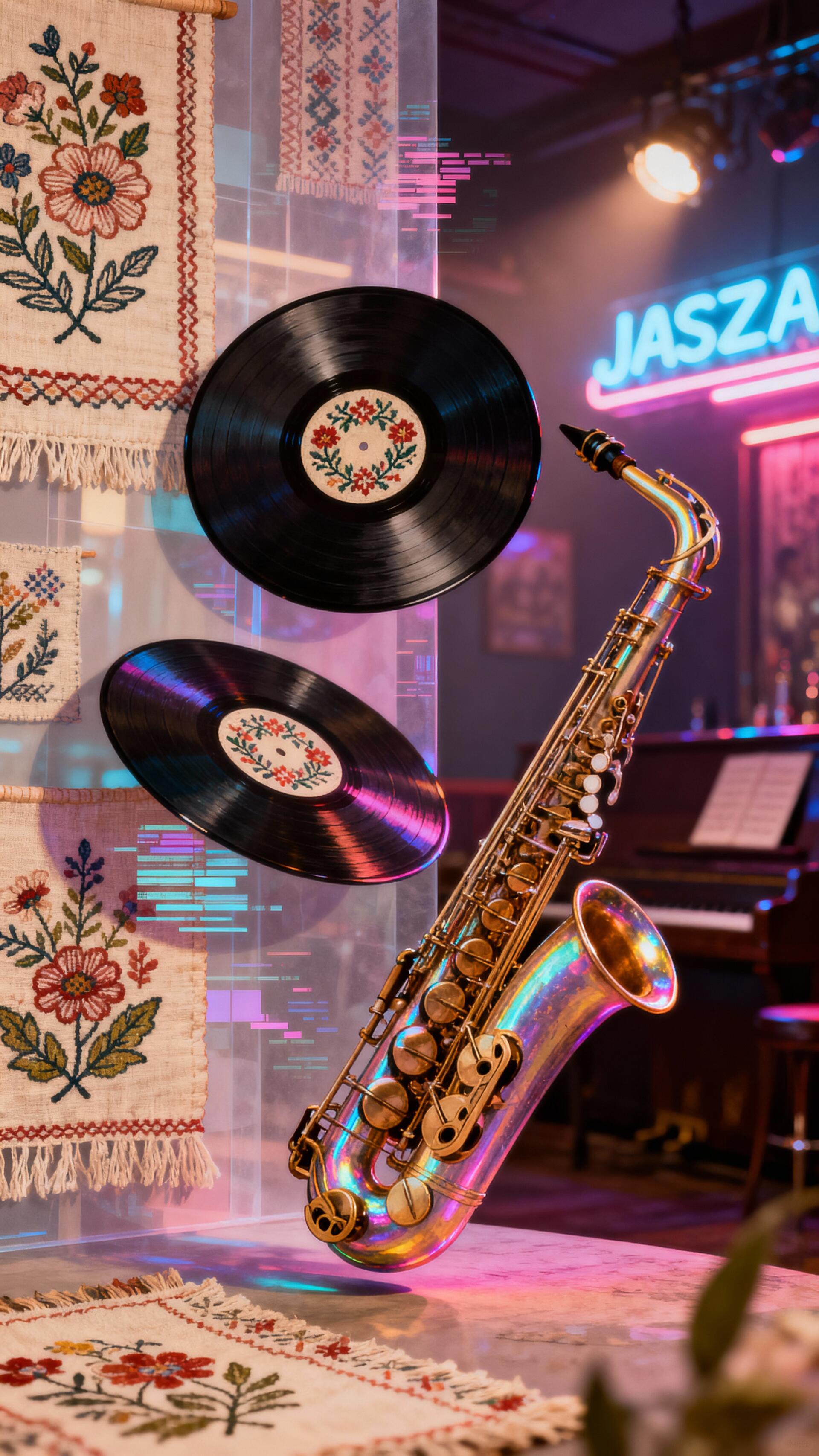 Vaporjazz phone wallpaper: neon-lit jazz club scene with a glowing saxophone, floating vinyl records, and embroidered floral textiles.