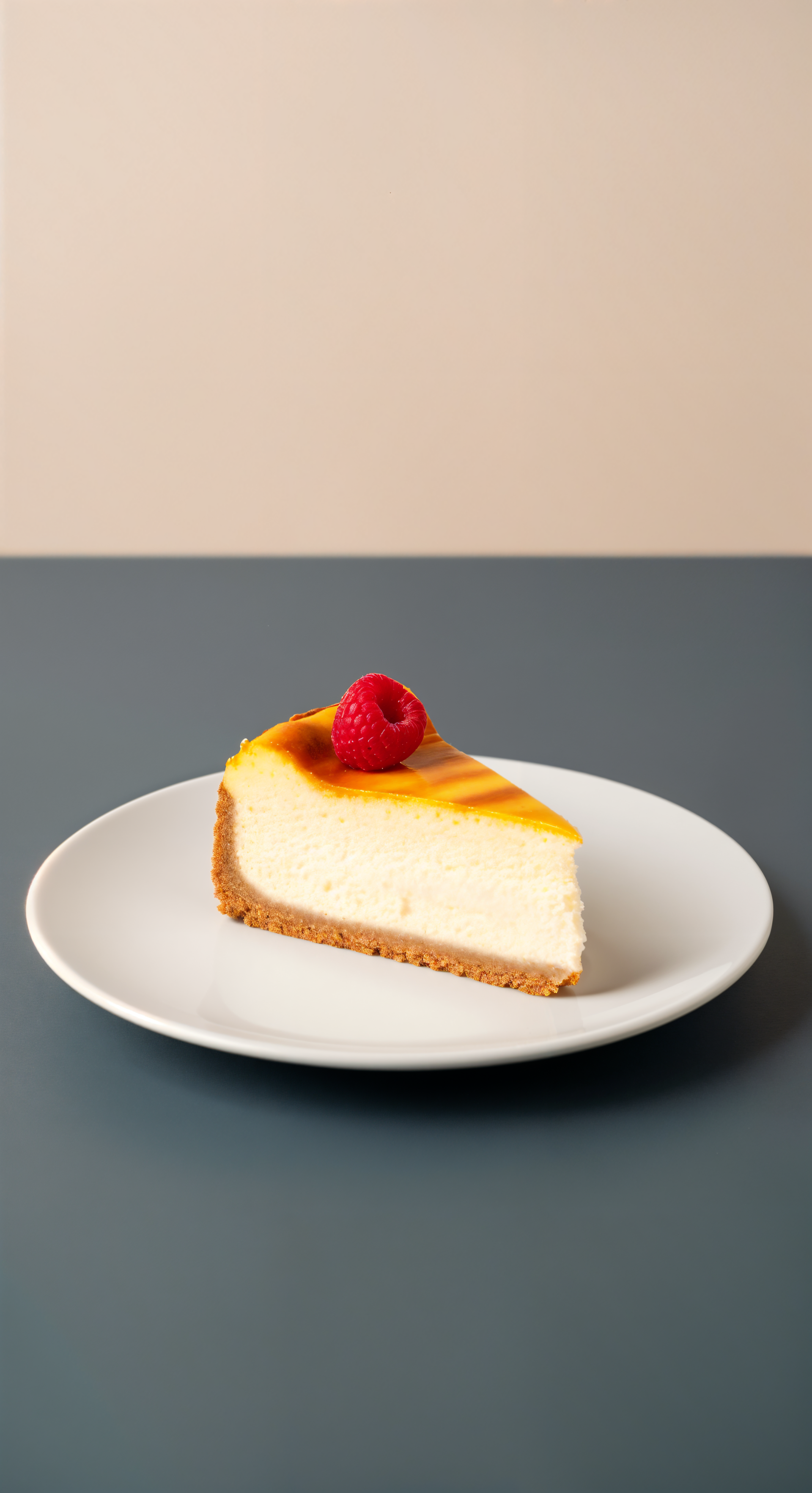Phone wallpaper showing a single slice of cheesecake with graham crust and a raspberry on top, centered on a white plate against a soft peach and slate-gray background.