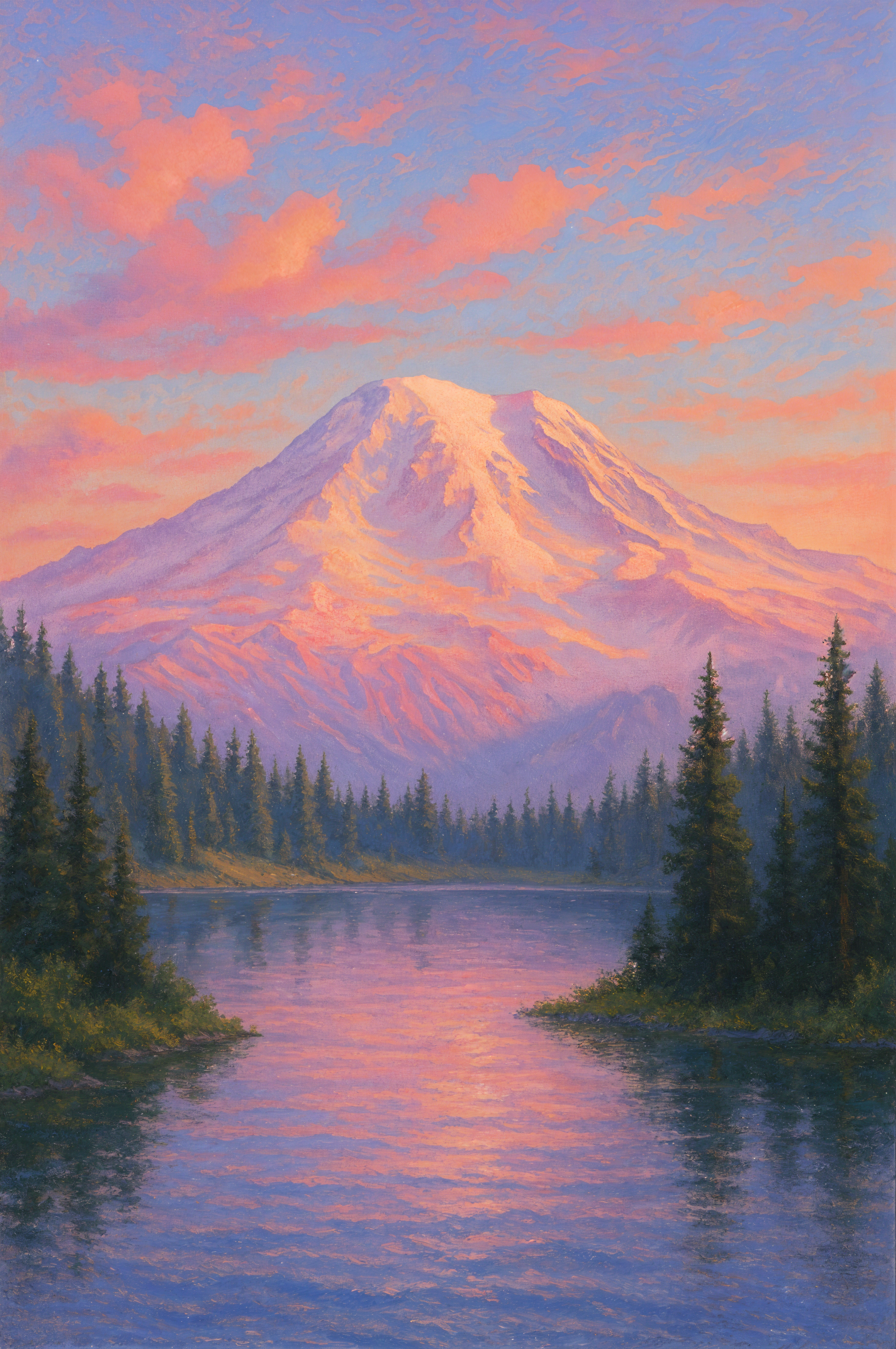 Phone wallpaper of Mount Rainier at sunset: snow‑capped peak bathed in pink and purple light, mirrored in a calm lake and framed by tall evergreen trees.