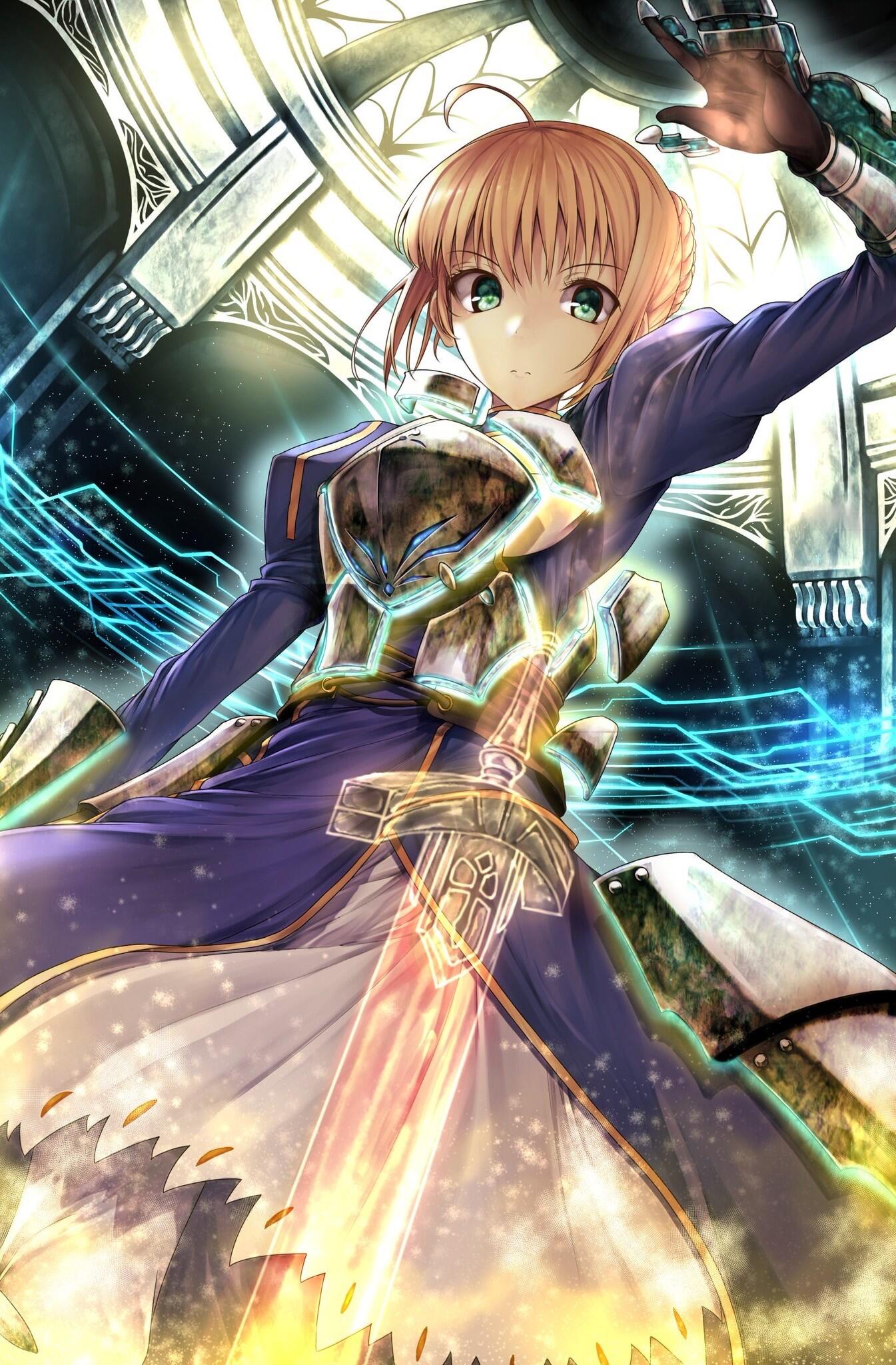 Anime phone wallpaper of Saber from the Fate series (Fate/Stay Night, Fate/Grand Order): blonde armored heroine in a blue dress wielding a glowing sword amid magical energy and stained-glass light.