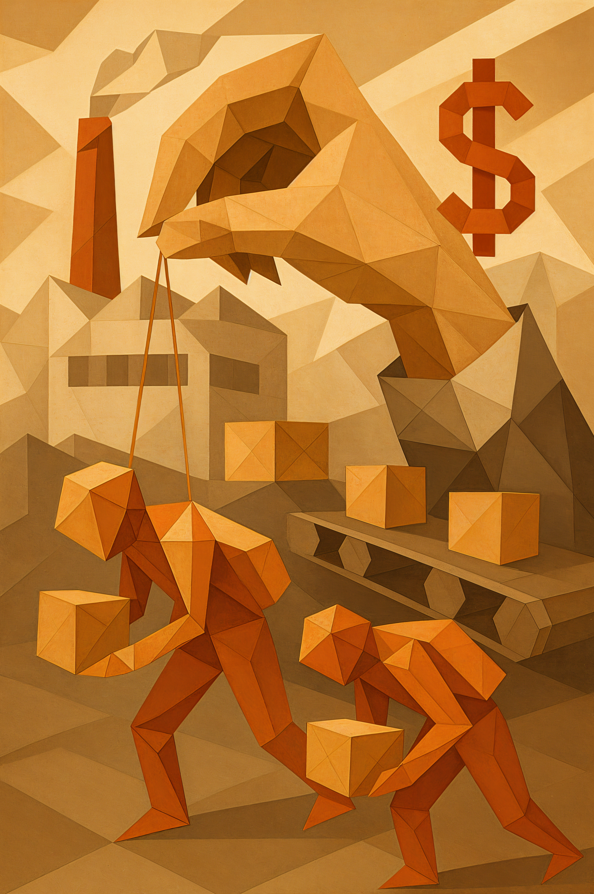 Phone wallpaper of geometric figures: a giant hand puppeteering workers carrying boxes past a factory and conveyor belt under a dollar sign, depicting commercial exploitation.