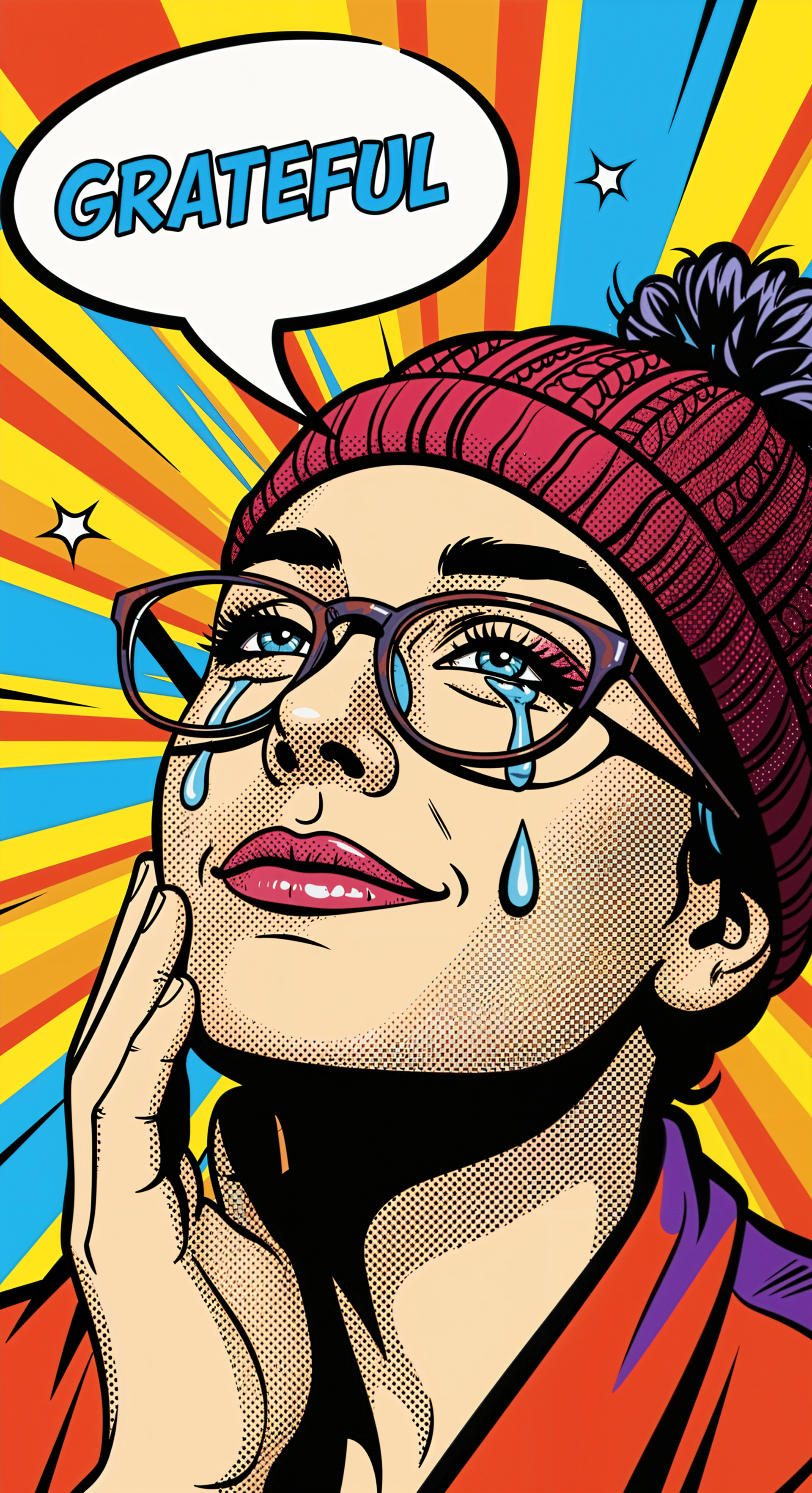 Phone wallpaper pop-art portrait of a smiling woman in glasses and a beanie, joyful tears, bright sunburst background and a speech bubble that reads GRATEFUL.