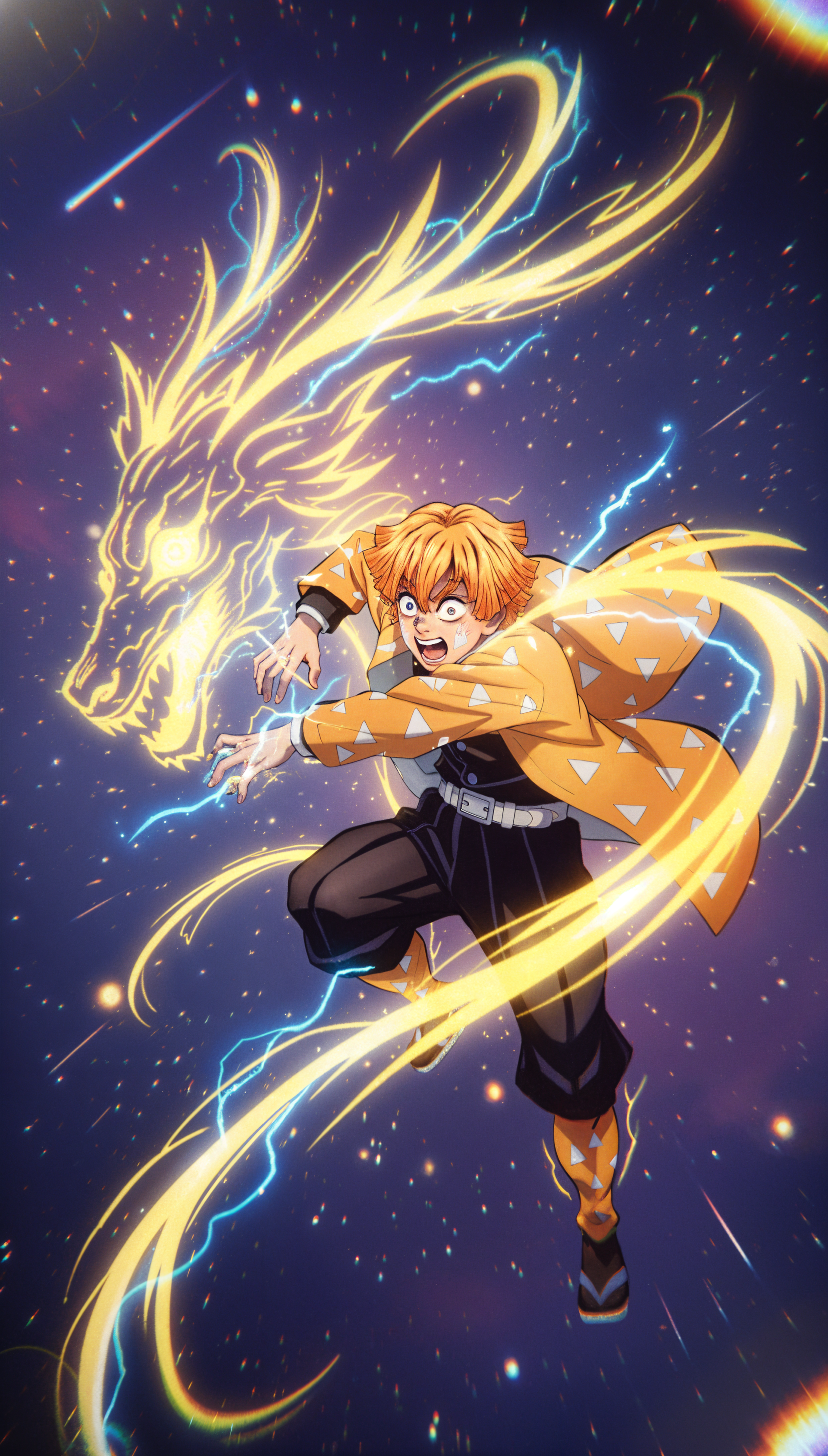 Phone wallpaper of Zenitsu Agatsuma leaping amid crackling blue lightning and a golden dragon-shaped bolt, his yellow haori swirling against a starry, glowing backdrop.