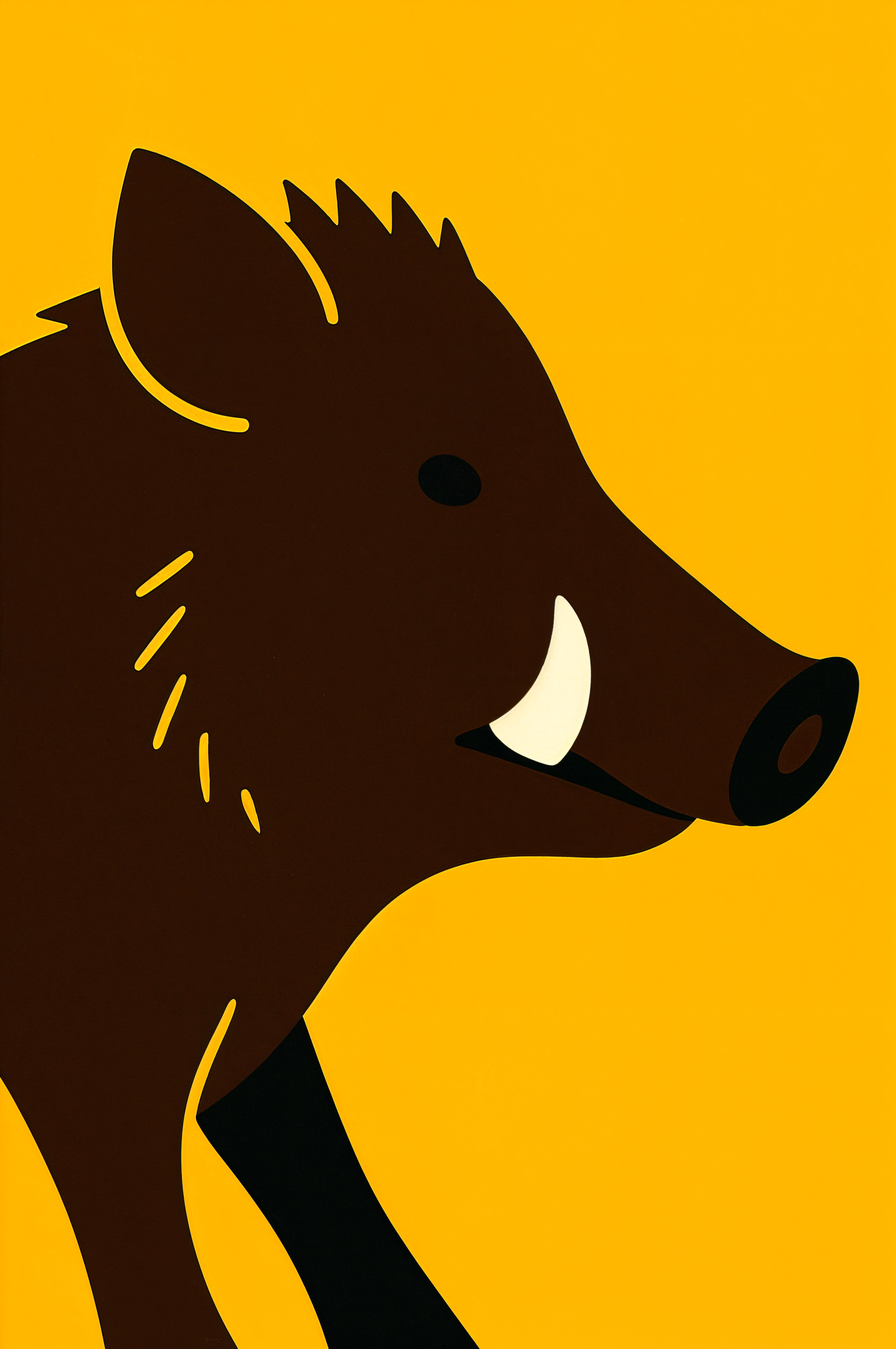 Minimalist brown boar profile with a white tusk on a bright yellow background, phone wallpaper.