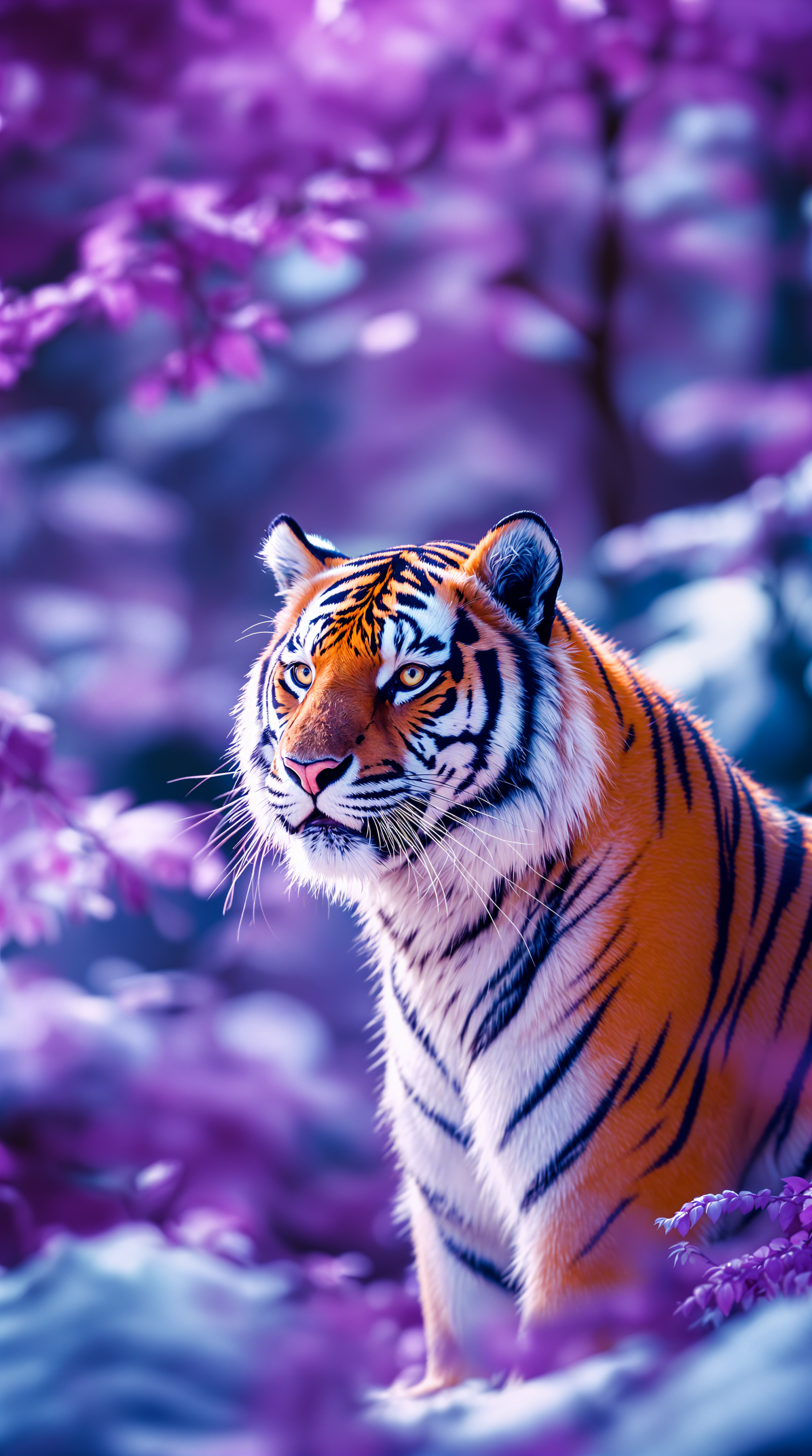 Phone wallpaper of a Siberian tiger with bright orange coat and piercing eyes amid vivid purple foliage and soft bokeh background.
