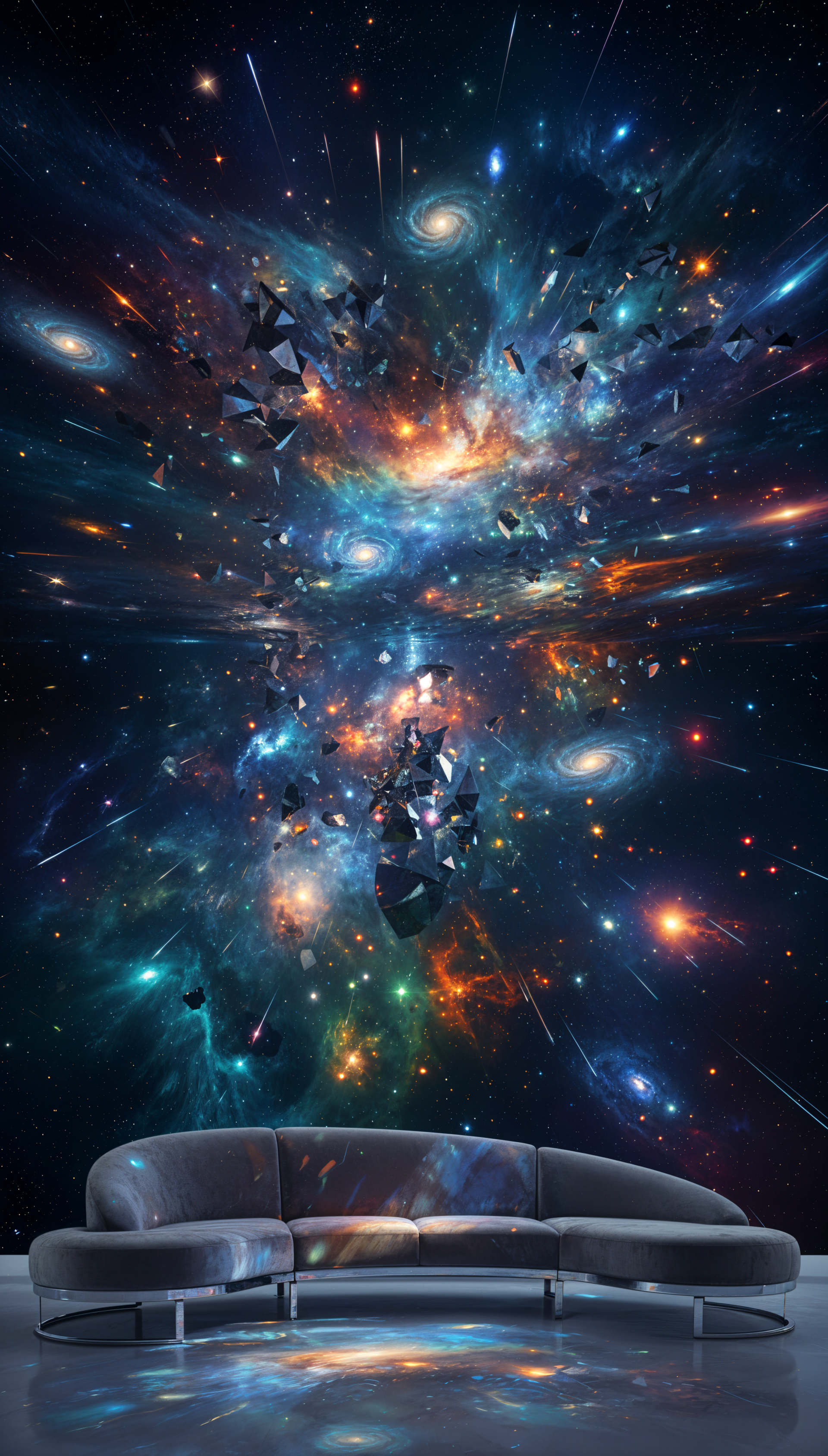 Curved gray couch beneath a vertical phone wallpaper of a vivid cosmic nebula, with swirling galaxies, colorful stardust and floating crystalline shards.