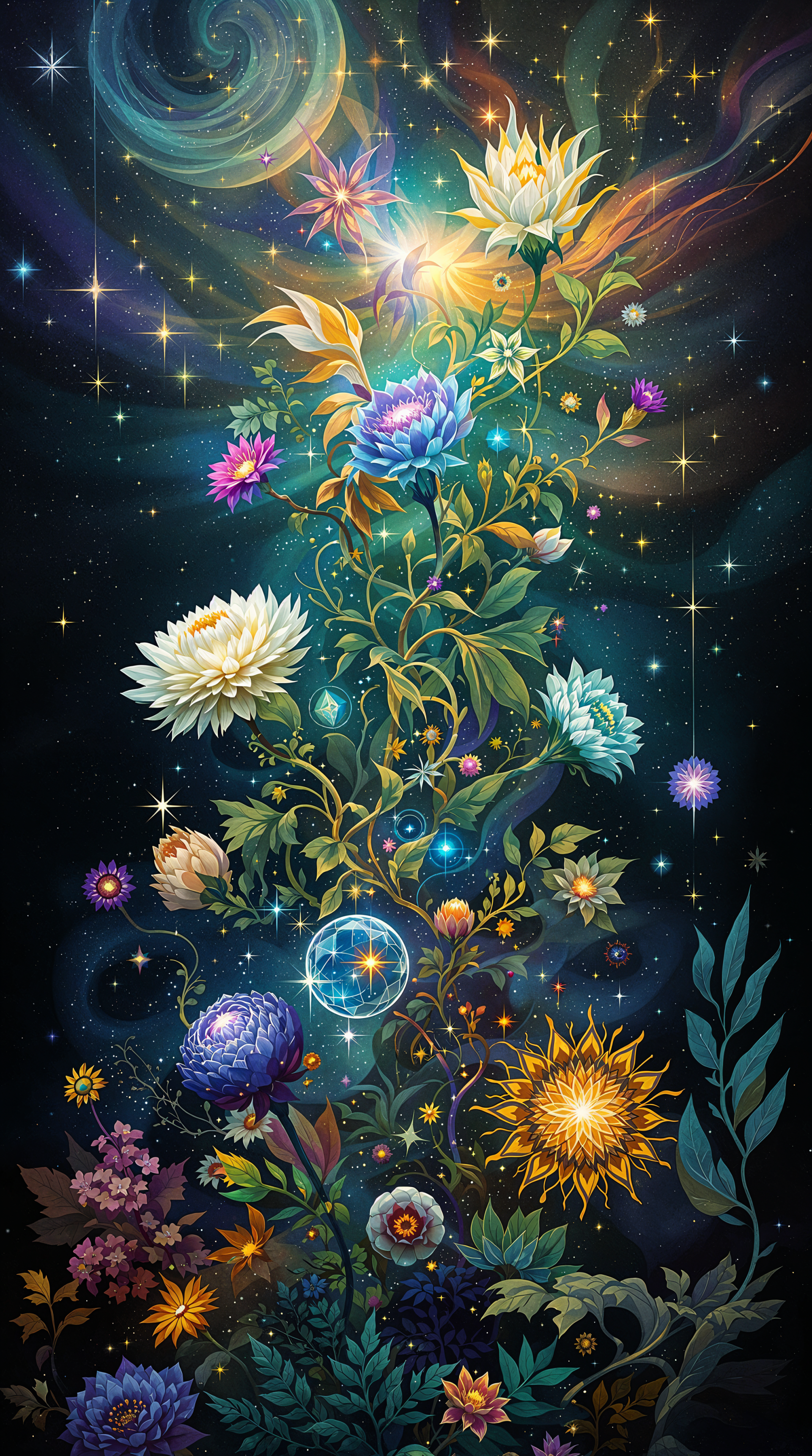 Vertical phone wallpaper of a luminous floral vine rising through a starry cosmic night—multicolored blossoms, glowing orbs and swirling nebulae against deep space.
