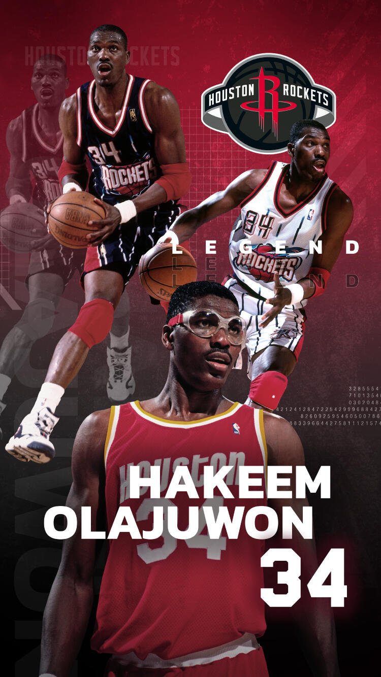 NBA phone wallpaper: Houston Rockets logo and red collage of a Rockets legend in multiple action shots, bold 34 and LEGEND text celebrating classic basketball.