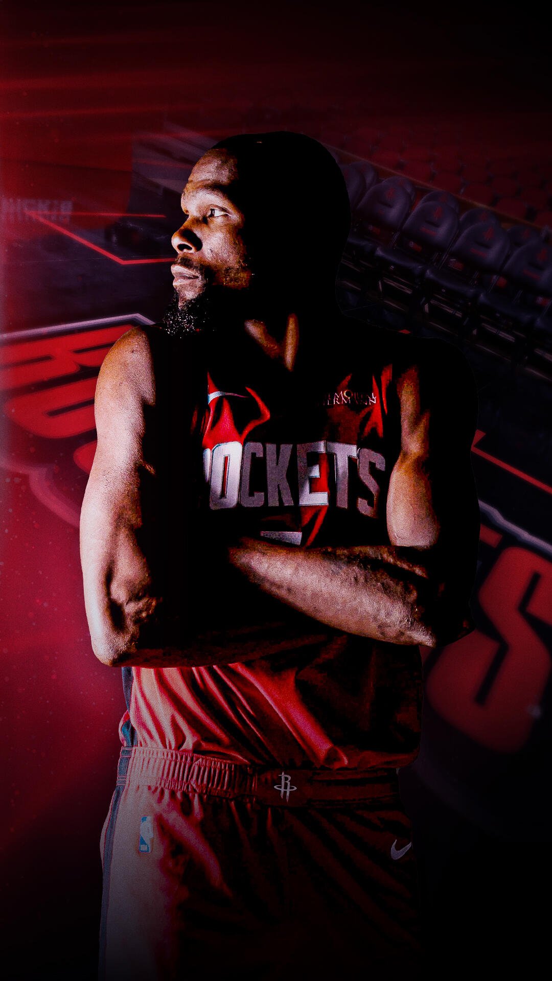 Phone wallpaper of an NBA basketball player in a Houston Rockets jersey, arms crossed under dramatic red lighting with arena graphics.