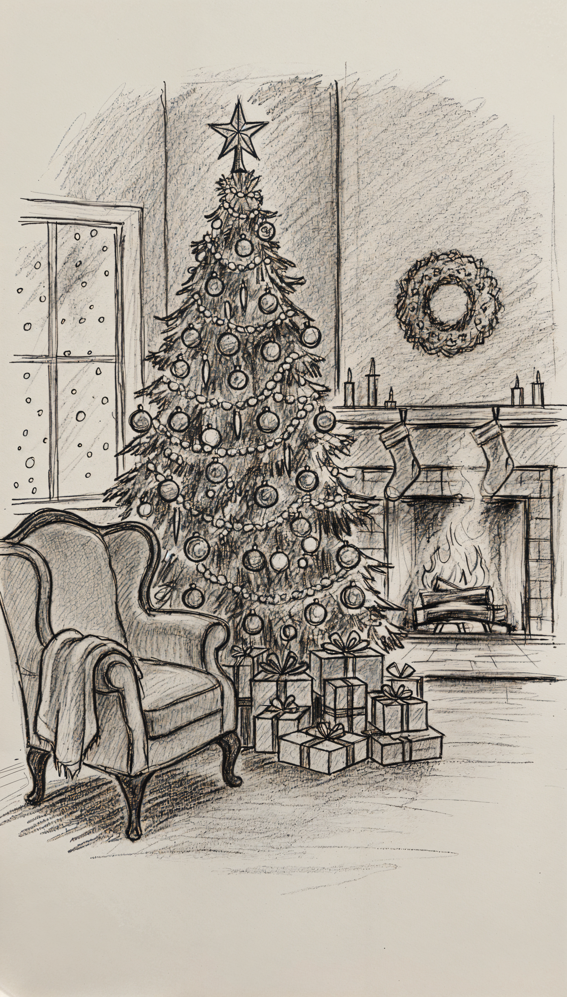 Phone wallpaper pencil sketch of a cozy Christmas living room: decorated tree with presents, armchair by a roaring fireplace, wreath on the mantle and snow falling outside the window.