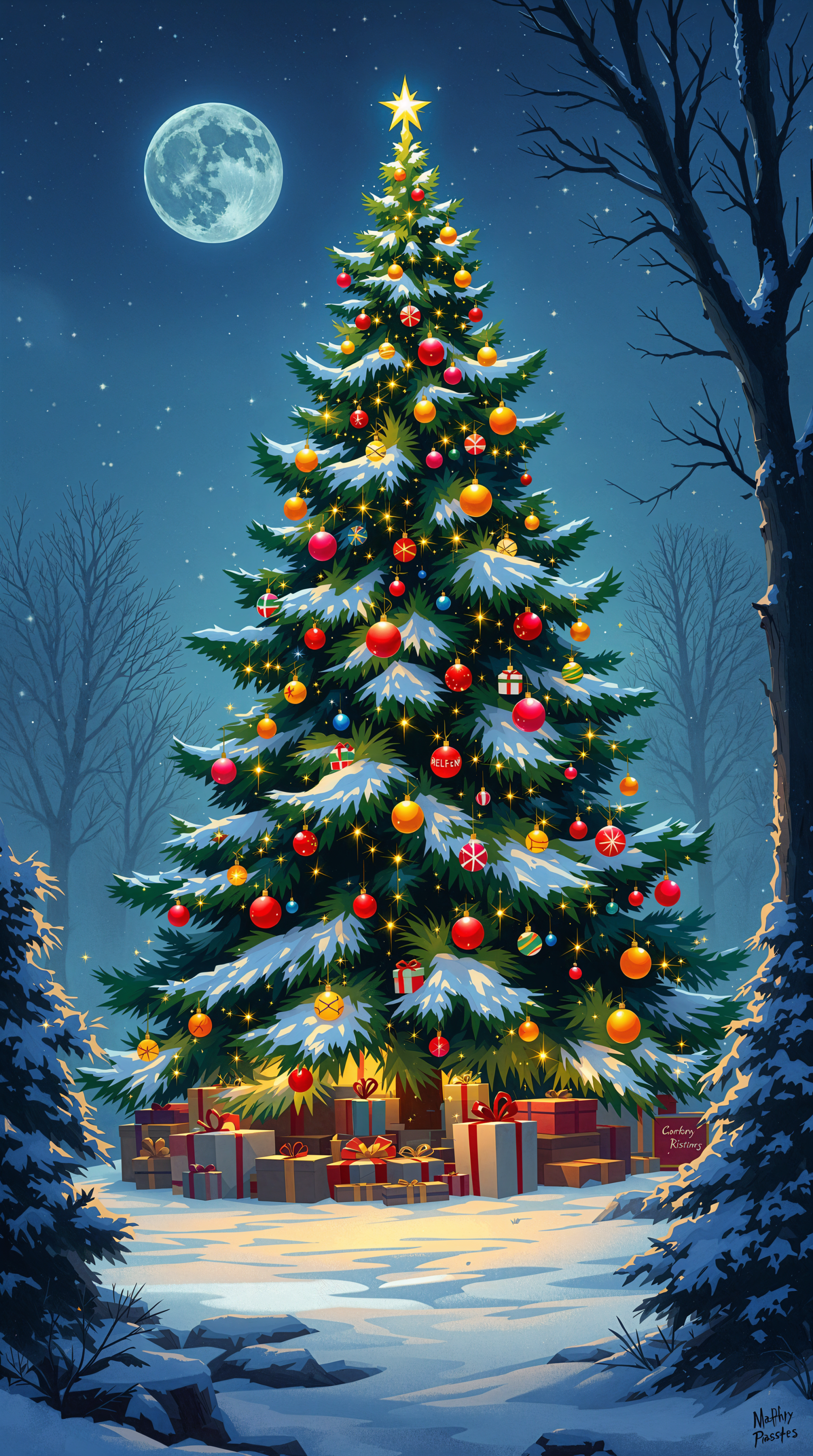 Christmas phone wallpaper: a tall, snow-dusted fir lit with glowing ornaments and a star, presents at its base beneath a full moon in a quiet snowy nighttime forest.