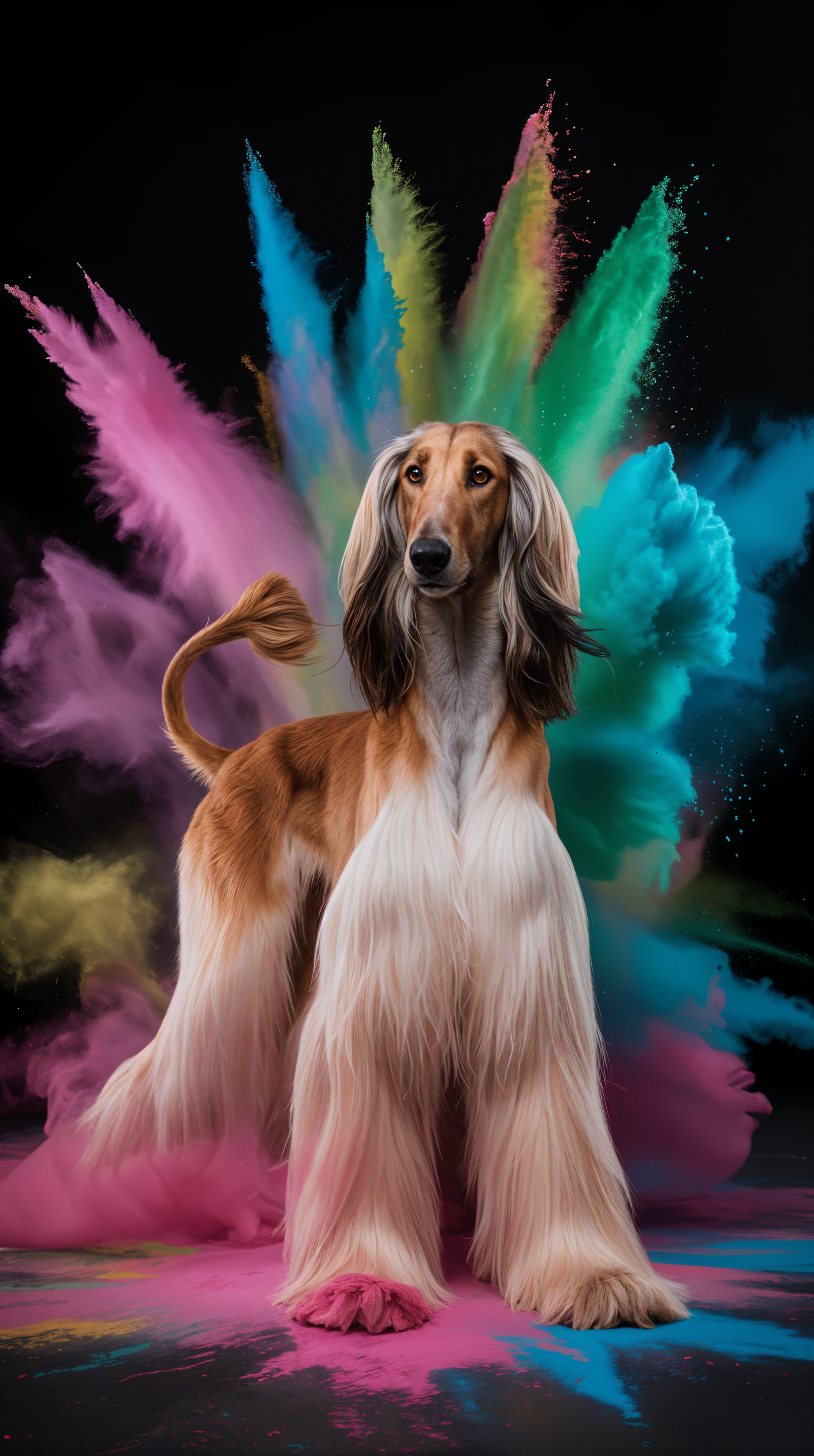 Phone wallpaper of an elegant Afghan hound with flowing silky coat standing before vibrant bursts of pink, blue, green and yellow powder on a black backdrop.