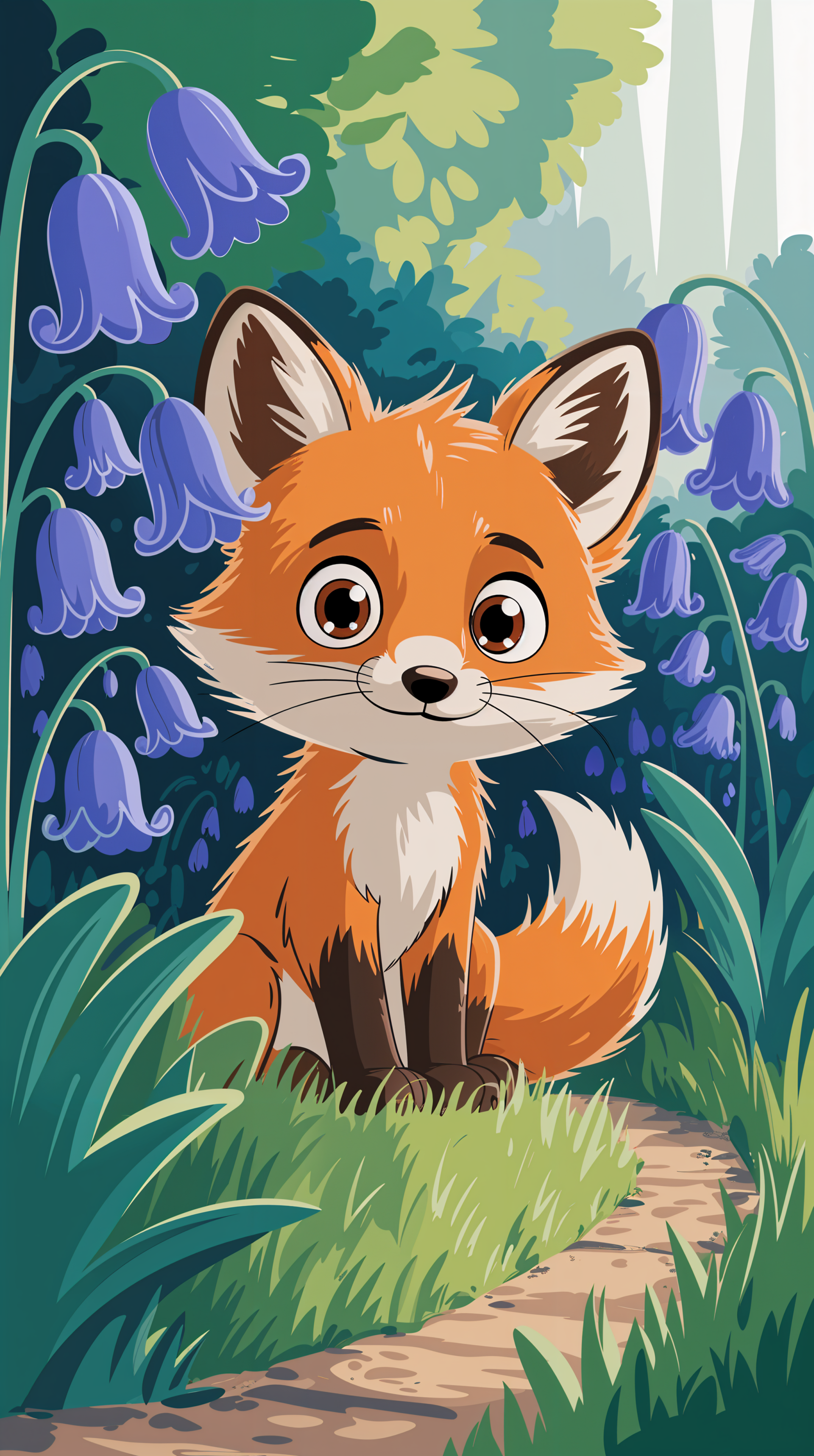 Phone wallpaper: a cute wide-eyed cartoon fox sitting on a forest path among bluebell flowers and lush green foliage, bright, colorful, and whimsical.