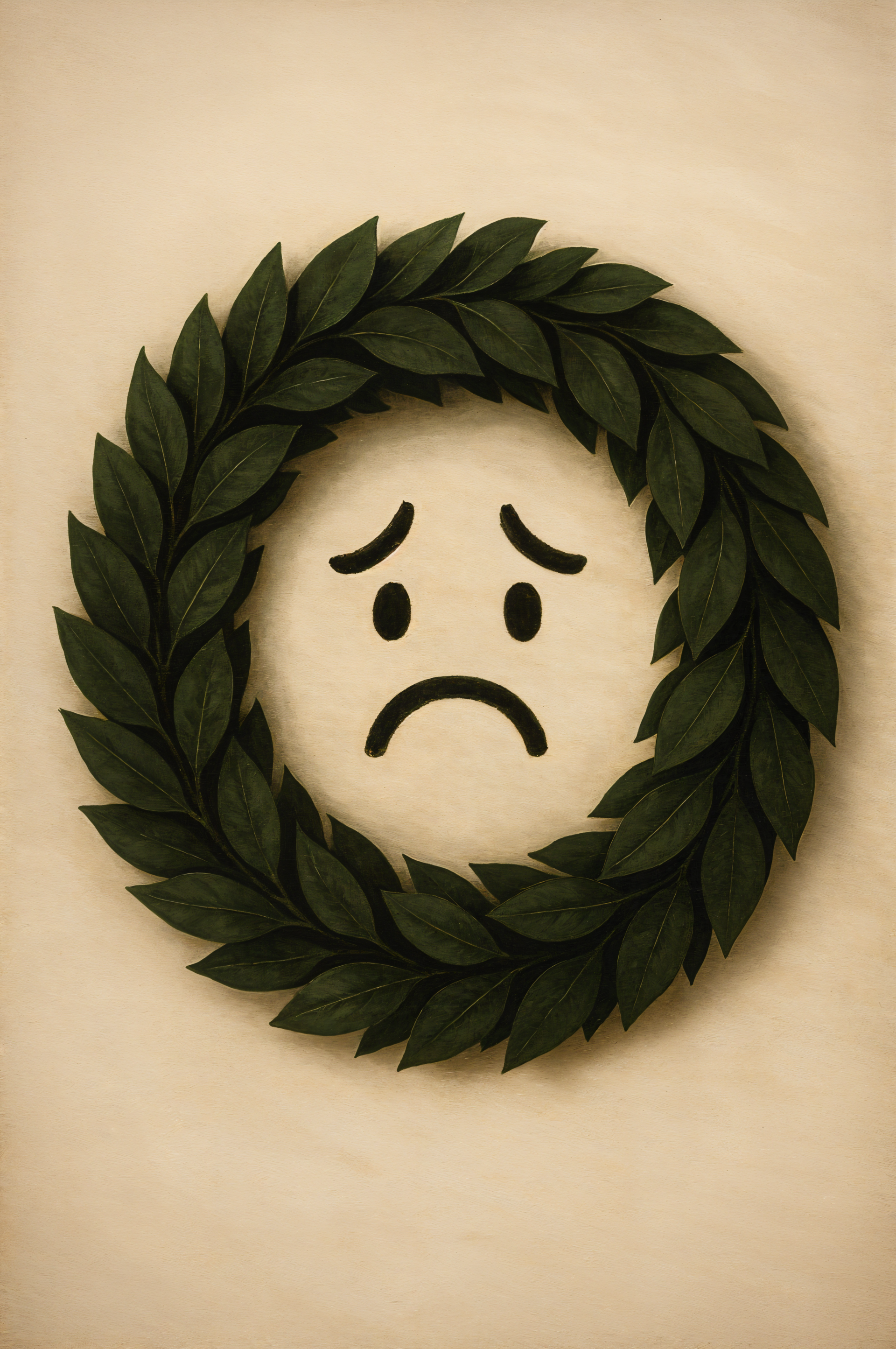 Phone wallpaper showing a dark green leaf wreath encircling a minimalist sad face on a warm beige background.