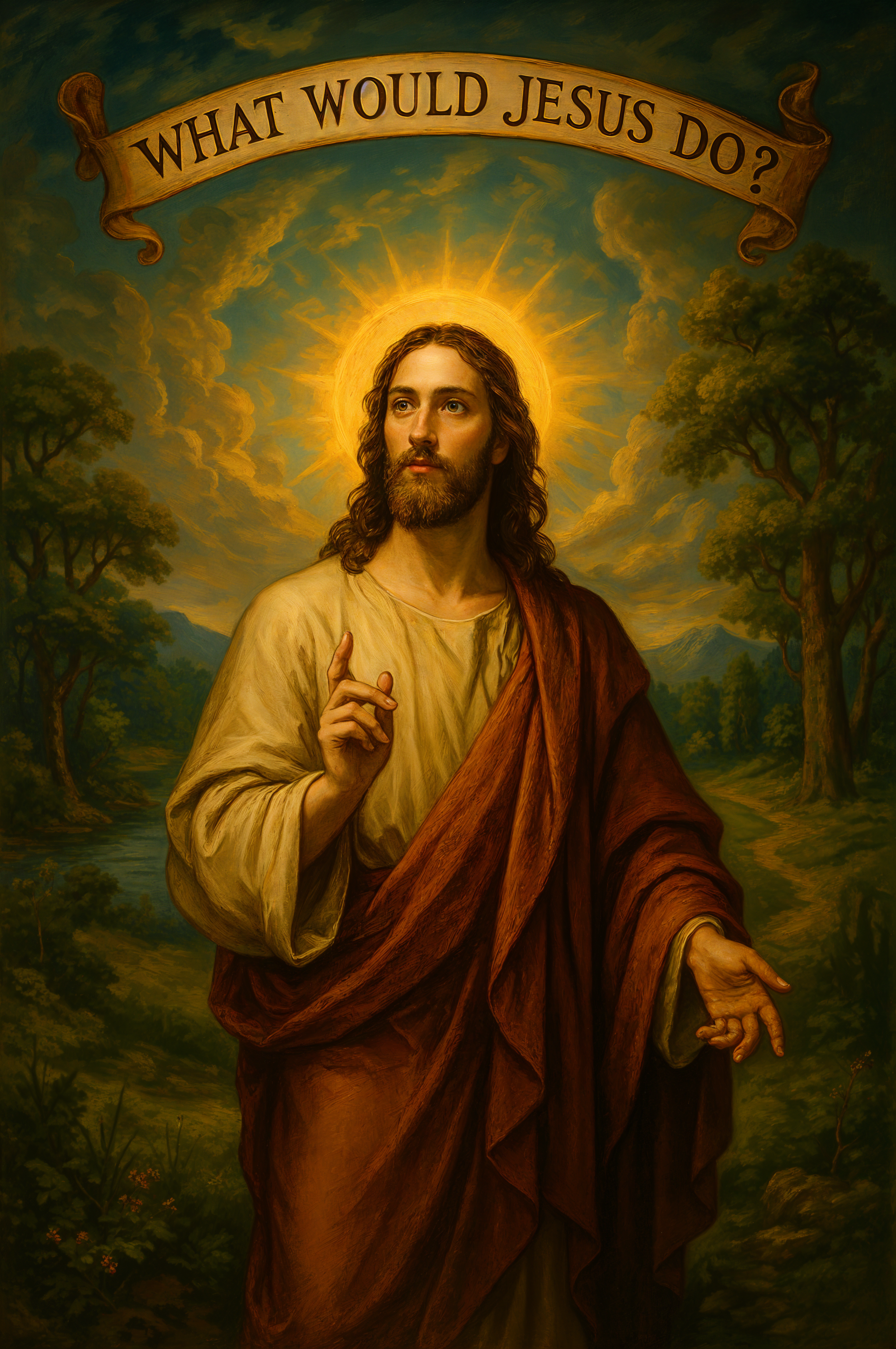 Phone wallpaper of Jesus with a glowing halo and outstretched hand in a pastoral scene, a banner above asks, What Would Jesus Do?