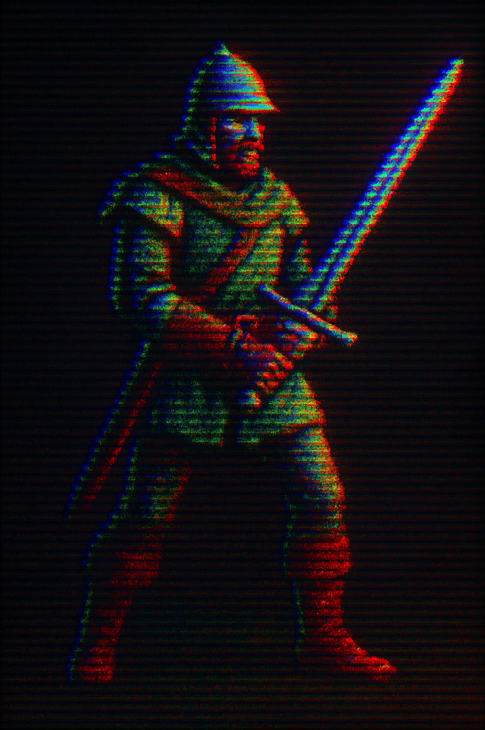 Phone wallpaper of a Swordsman in medieval armor and helmet, gripping a glowing long sword with red/blue glitch chromatic effect on a black background.