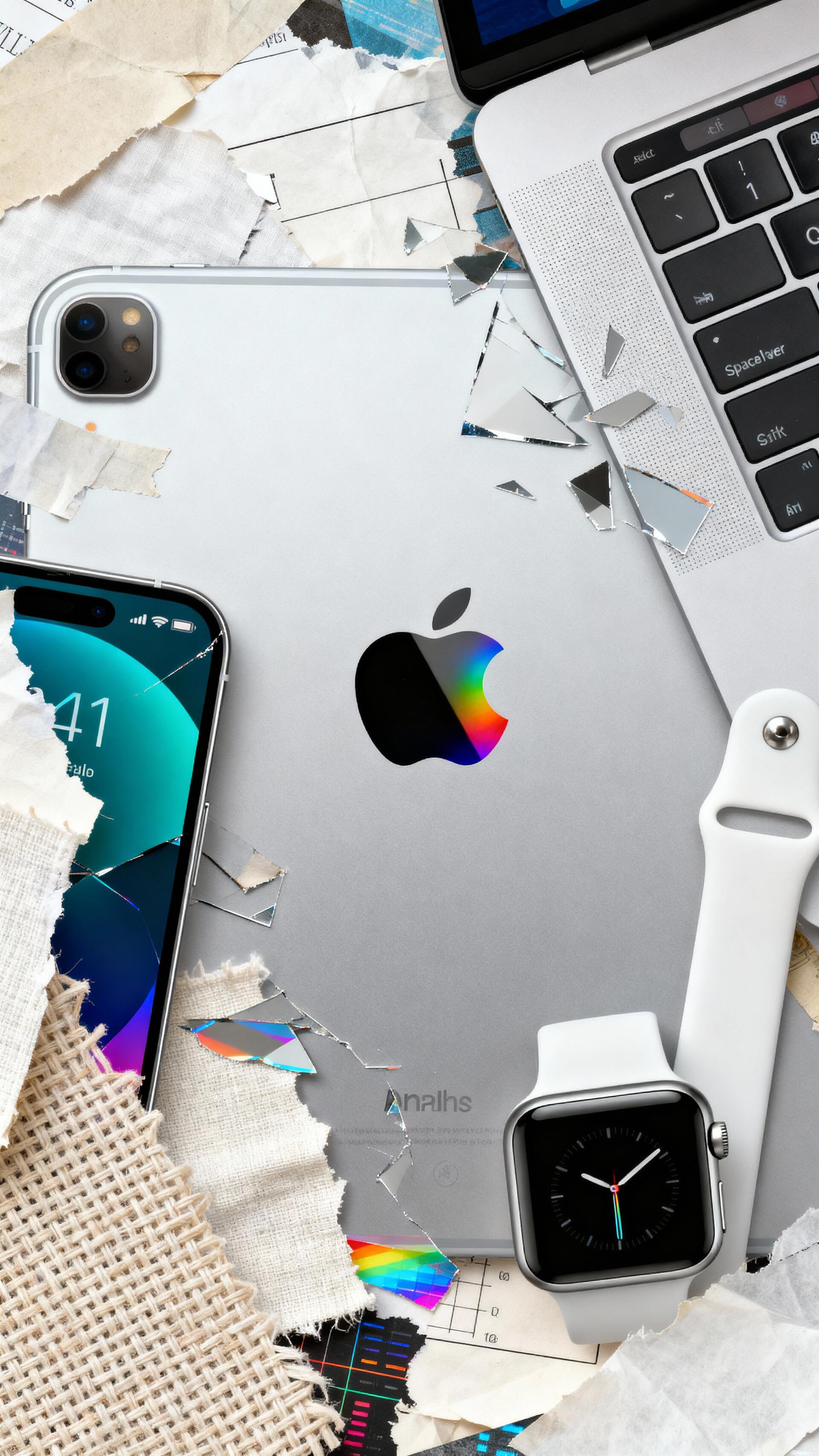 Phone wallpaper showing Apple Inc. devices — silver iPhone with a rainbow Apple logo, iPhone screen edge, Apple Watch and MacBook arranged on a torn-paper collage.