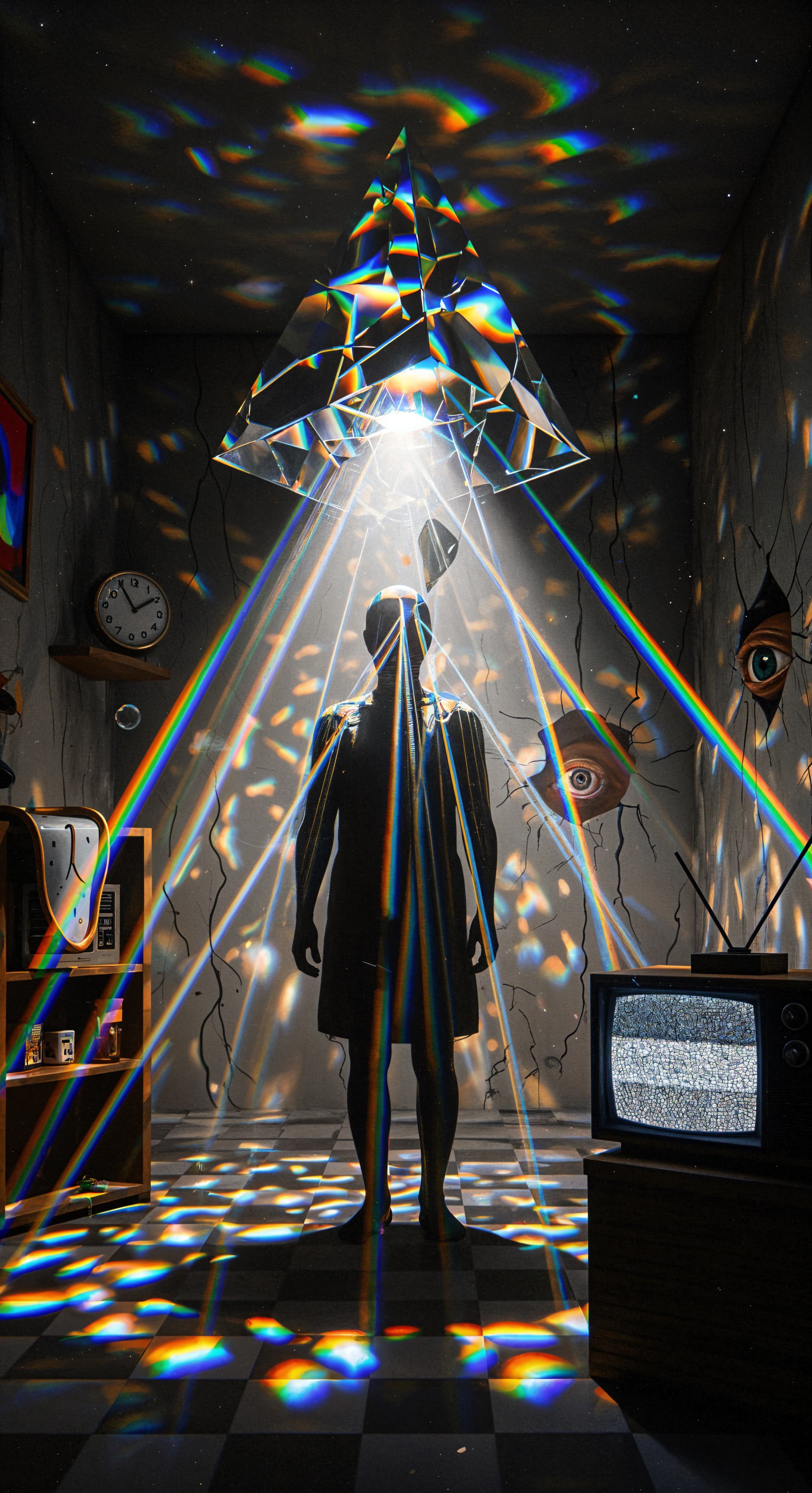 Weirdcore phone wallpaper: silhouetted figure beneath a shattered prism lamp, rainbow beams scattering across a cracked room with floating eyes, scattered shards, and a static TV.