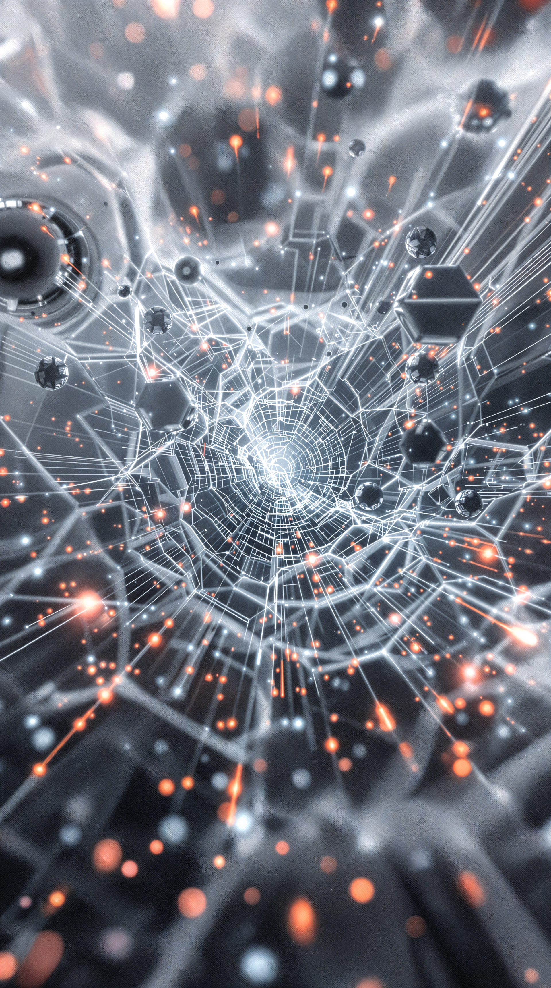 Phone wallpaper showing an abstract futuristic tunnel of white wireframe strands, floating hexagons and spheres, and warm orange sparks converging on a bright center.
