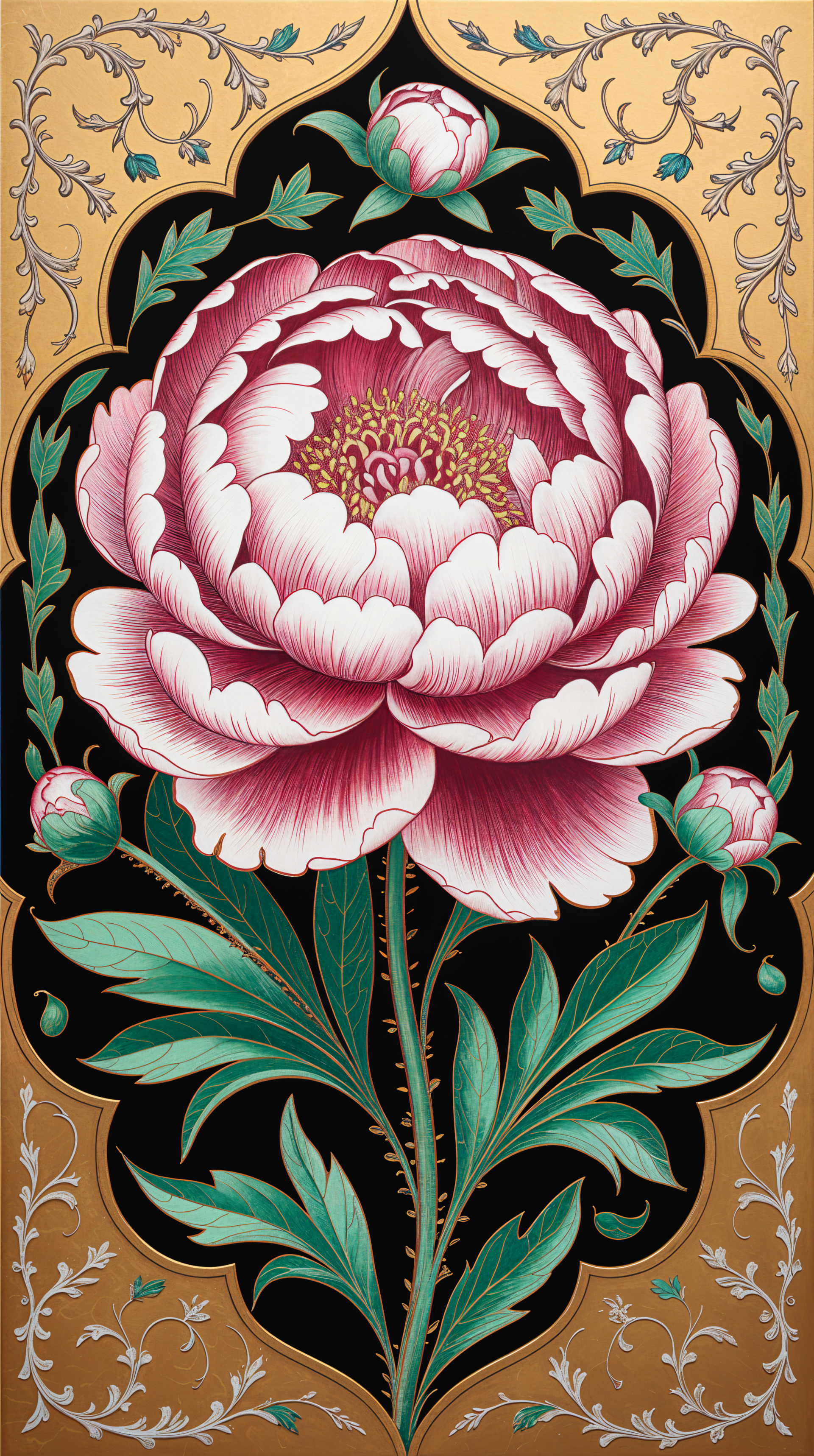 Phone wallpaper featuring a detailed pink peony bloom with green leaves and buds on a black field, set within a decorative gold filigree frame.