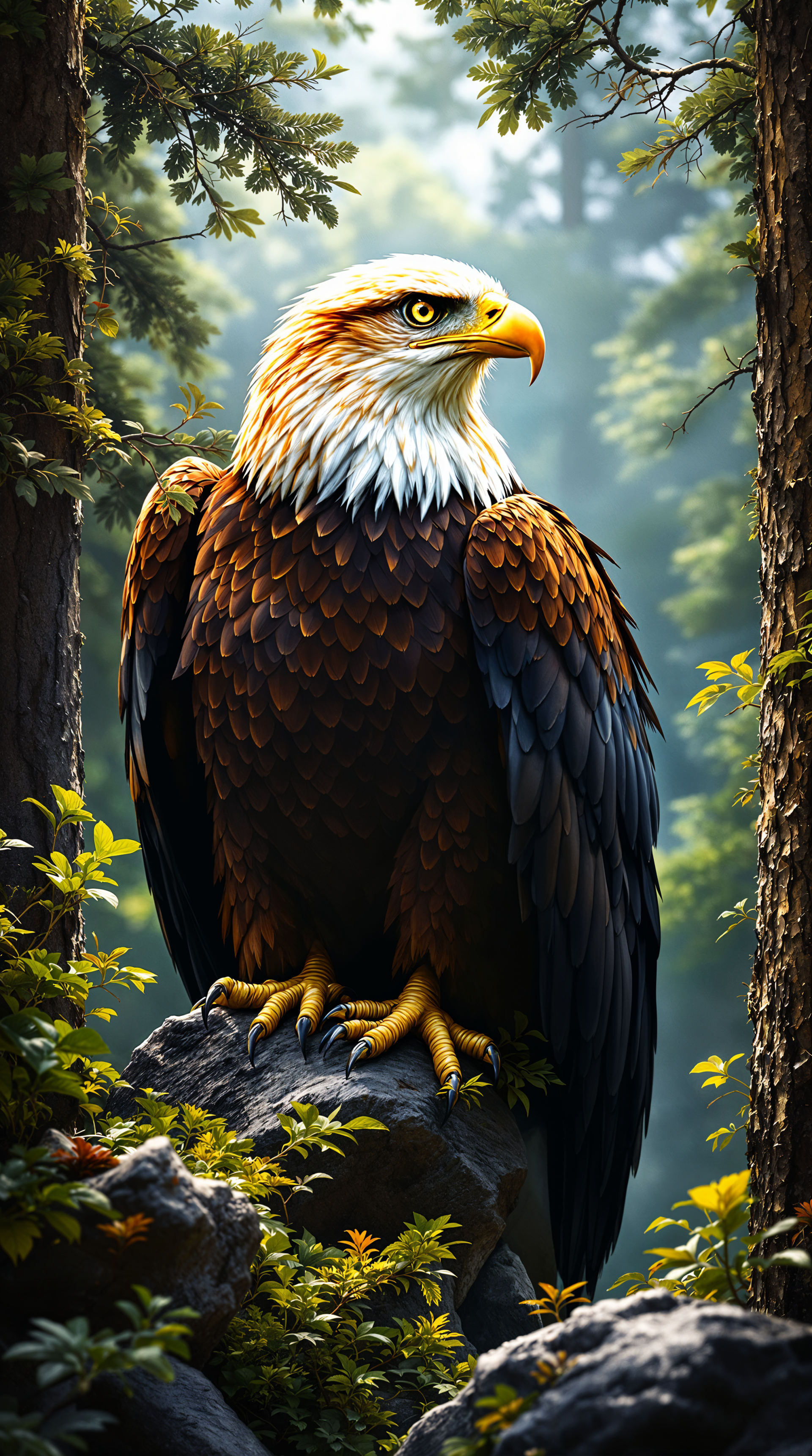 Phone wallpaper of a golden eagle perched on a mossy rock in a misty forest, detailed plumage and a piercing yellow eye.