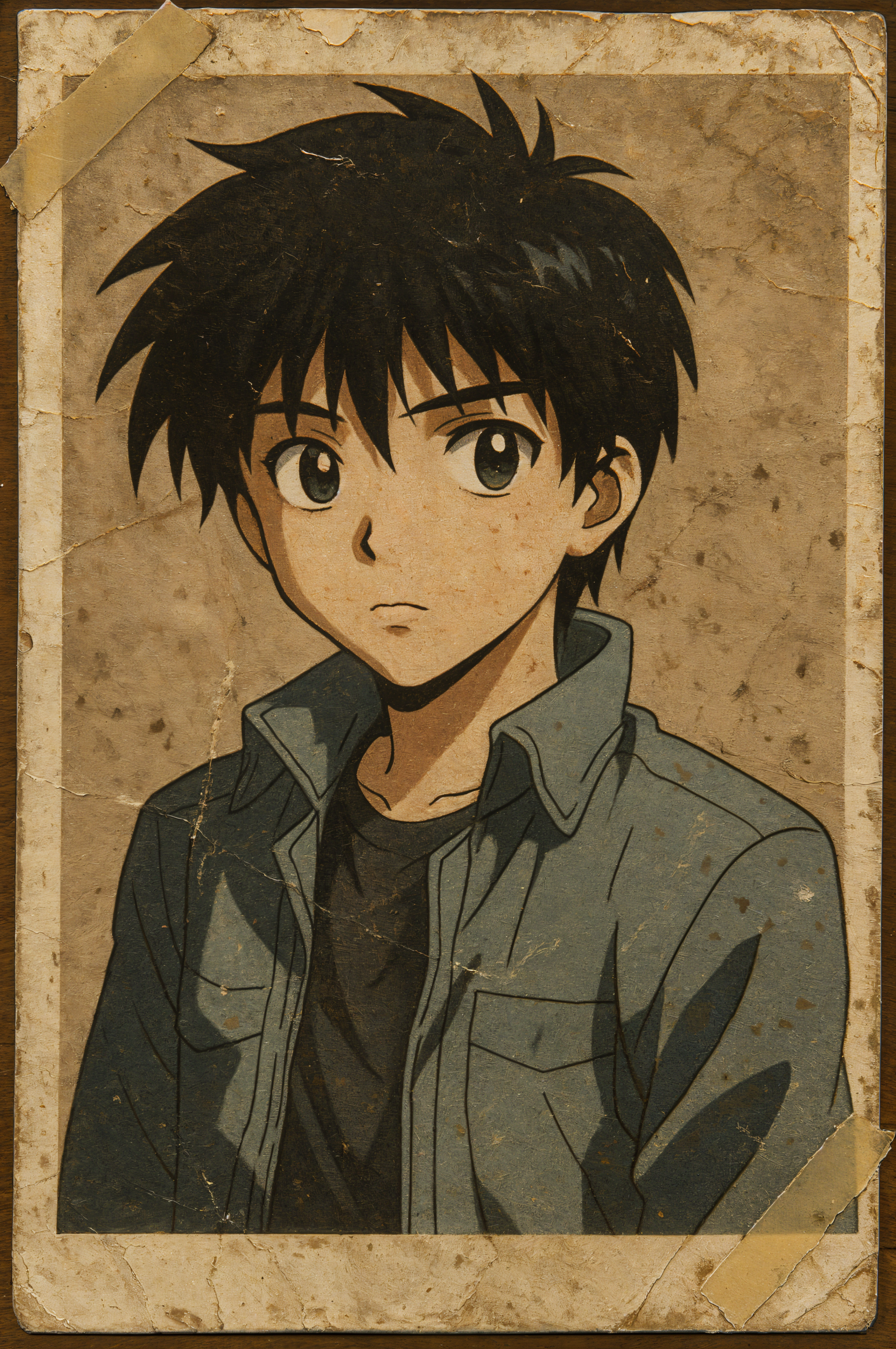 Phone wallpaper of an anime boy — a dark-haired teen in a jacket with a calm expression, framed as a distressed vintage portrait with taped corners.