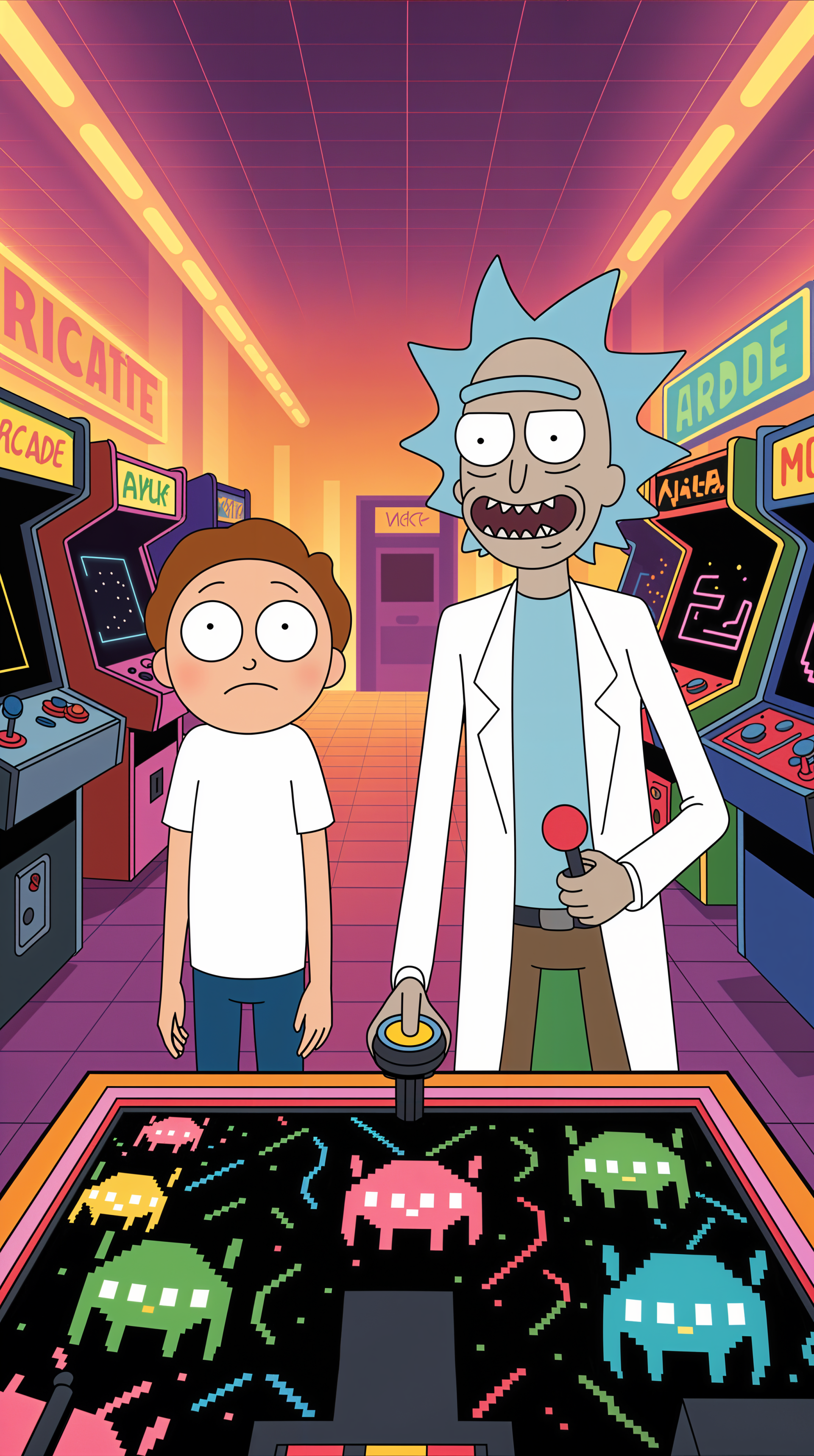 Phone wallpaper: Rick and Morty in a neon arcade — Rick grinning with a joystick, Morty nervous, retro pixel-alien game visible on the cabinet.