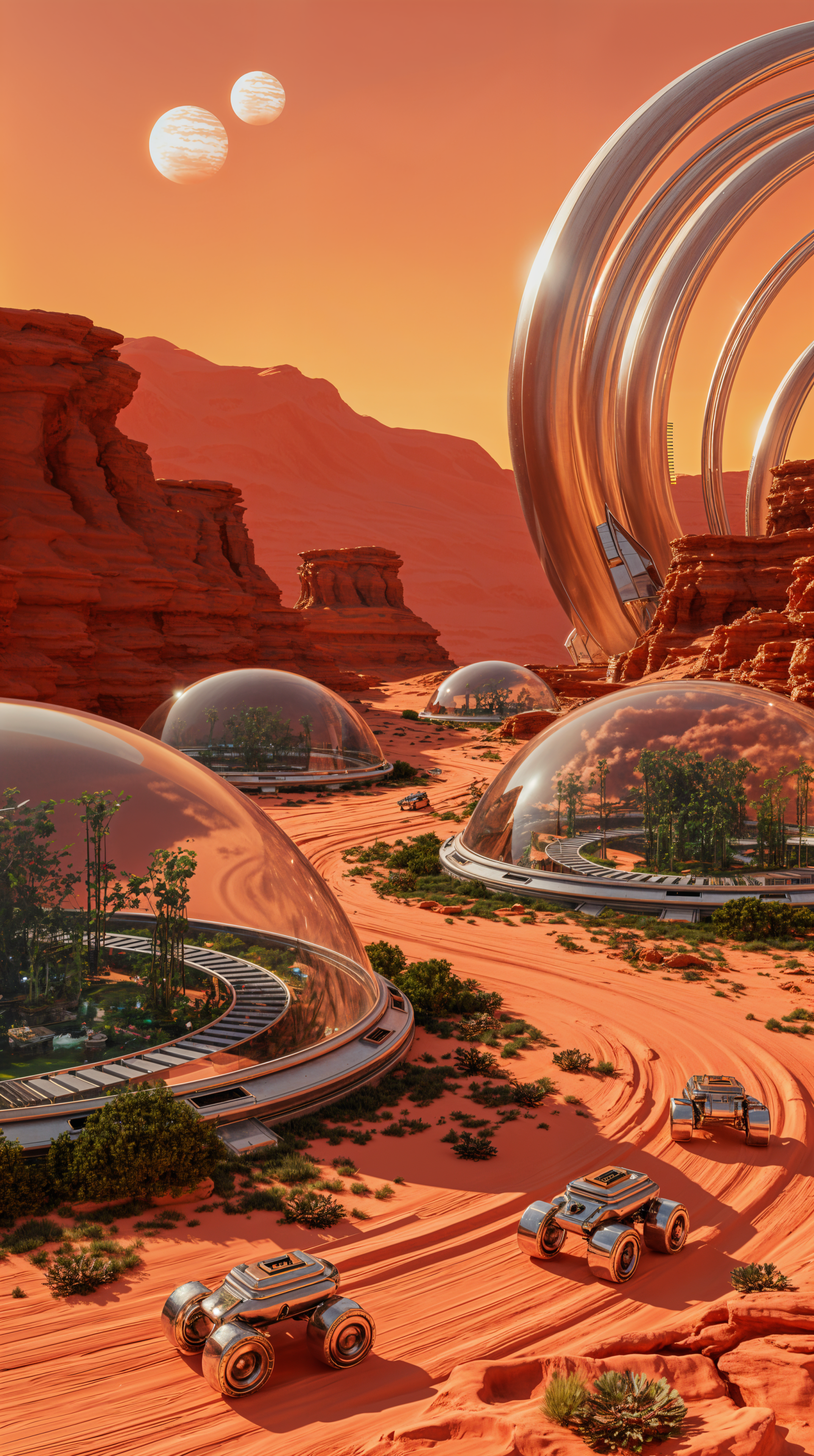 Phone wallpaper — Mars colony of glass biodomes and curved metallic habitats in red canyons, rovers traversing sandy tracks beneath two pale moons.