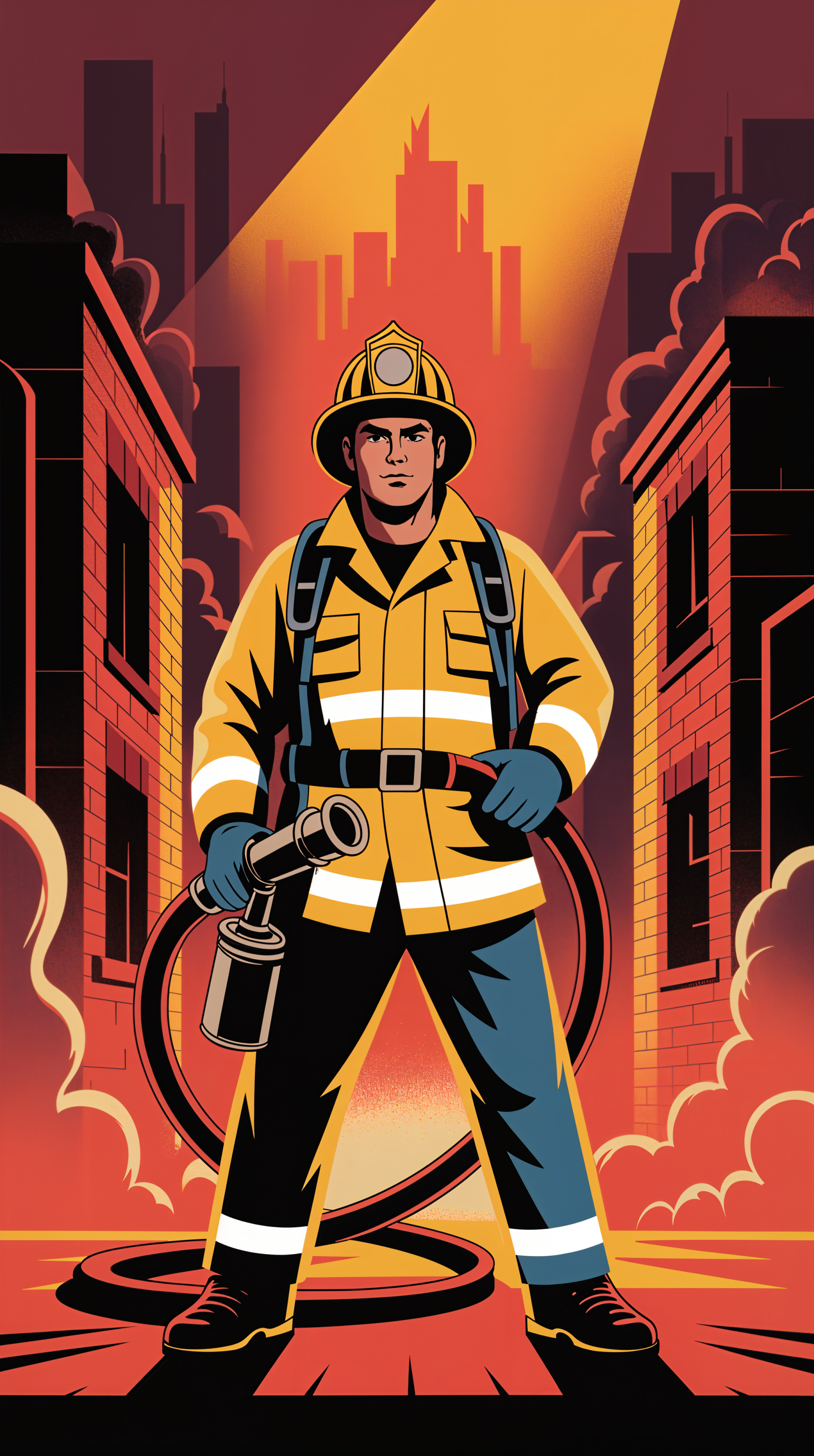 Phone wallpaper of a firefighter in full gear holding a hose and nozzle, standing between burning city buildings with smoke and a spotlighted skyline.