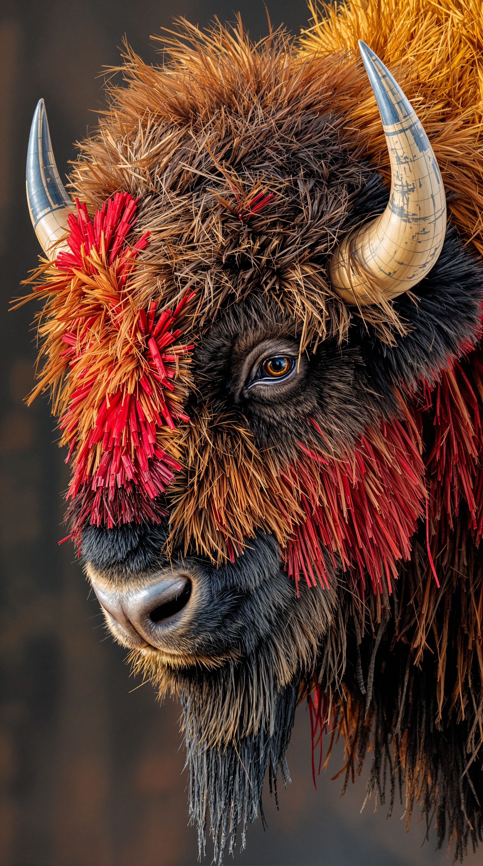 Close-up portrait of an American bison with textured red and brown fur and curved horns, rendered as a vertical phone wallpaper.