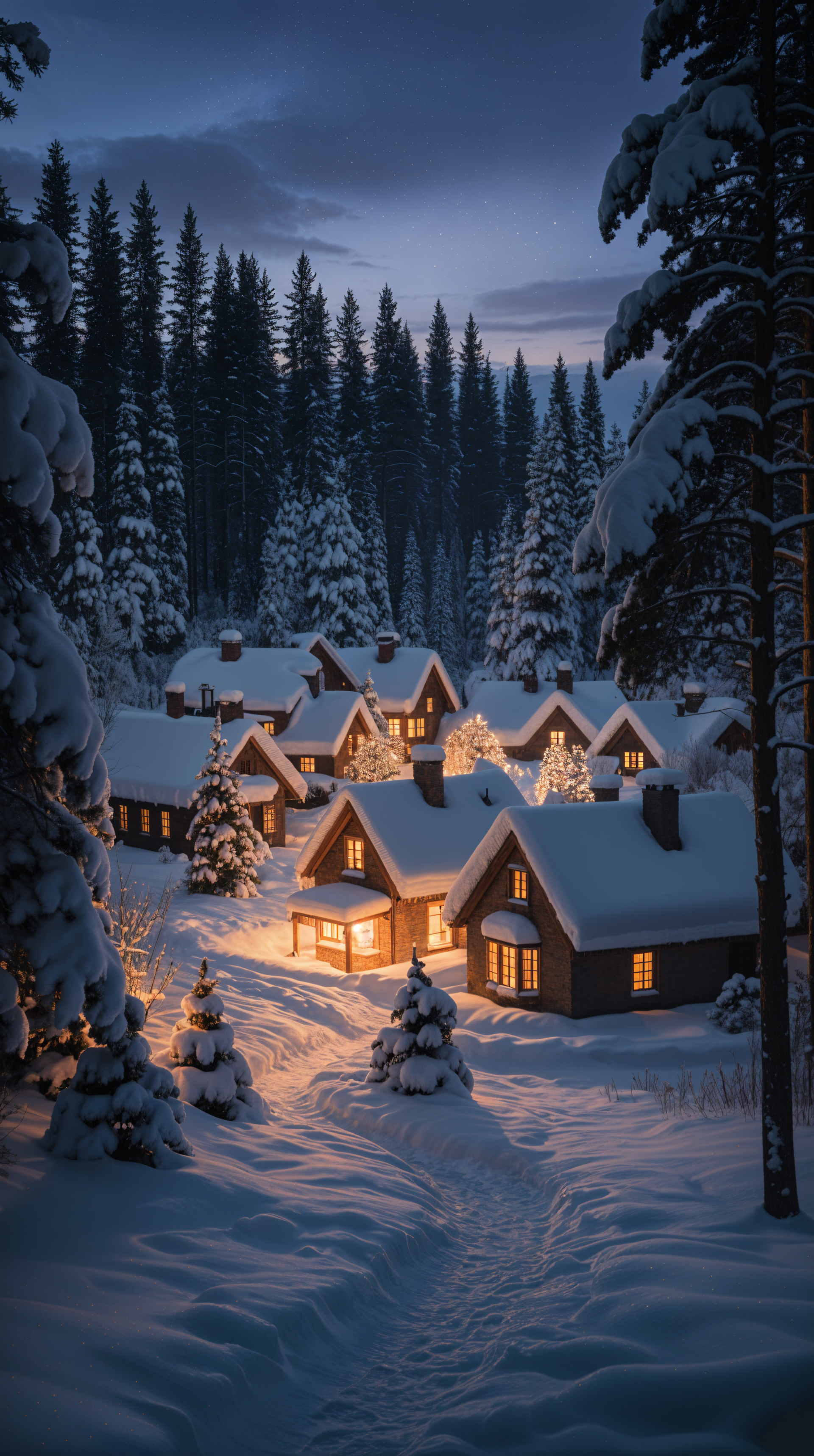 Phone wallpaper — Christmas landscape: snow‑blanketed cottages and glowing trees nestled in a quiet forest clearing at dusk.