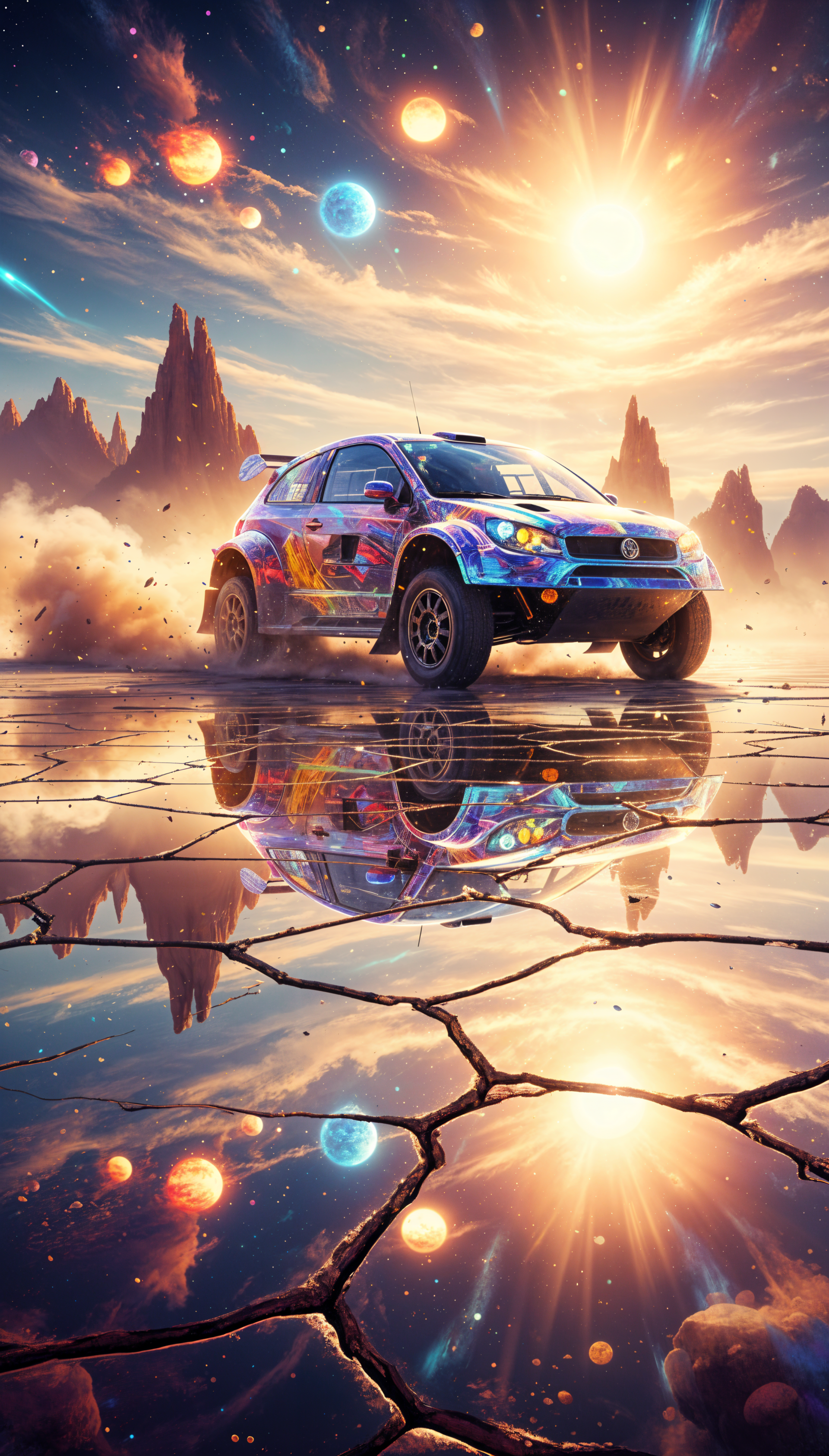 Phone wallpaper of a rallying car tearing across a cracked, mirror-like salt flat beneath a vivid cosmic sky of planets and a blazing sun.