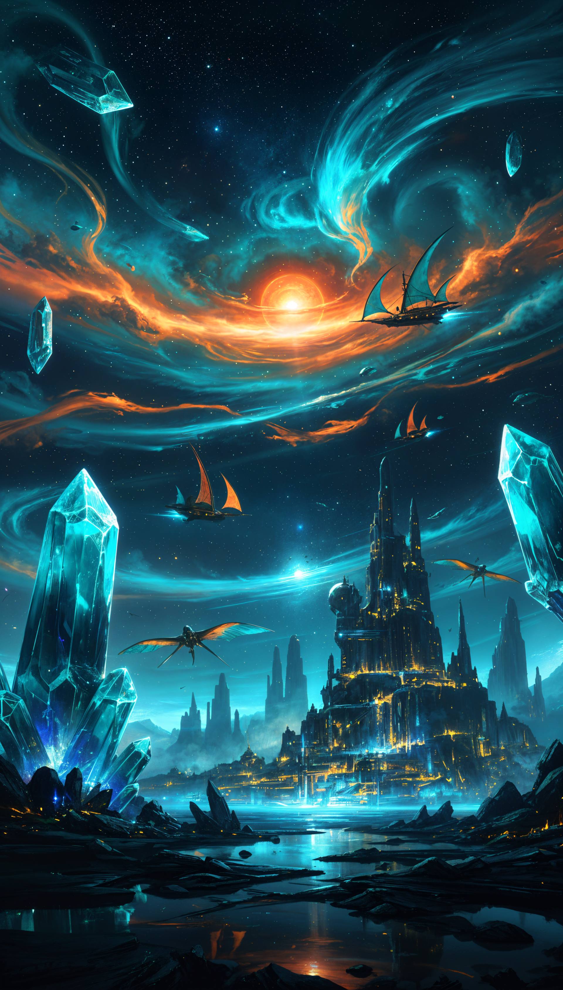 Space fantasy phone wallpaper: glowing crystal city rising from reflective waters as teal-and-orange nebula swirls around a bright star, with sailing starships drifting through the sky.