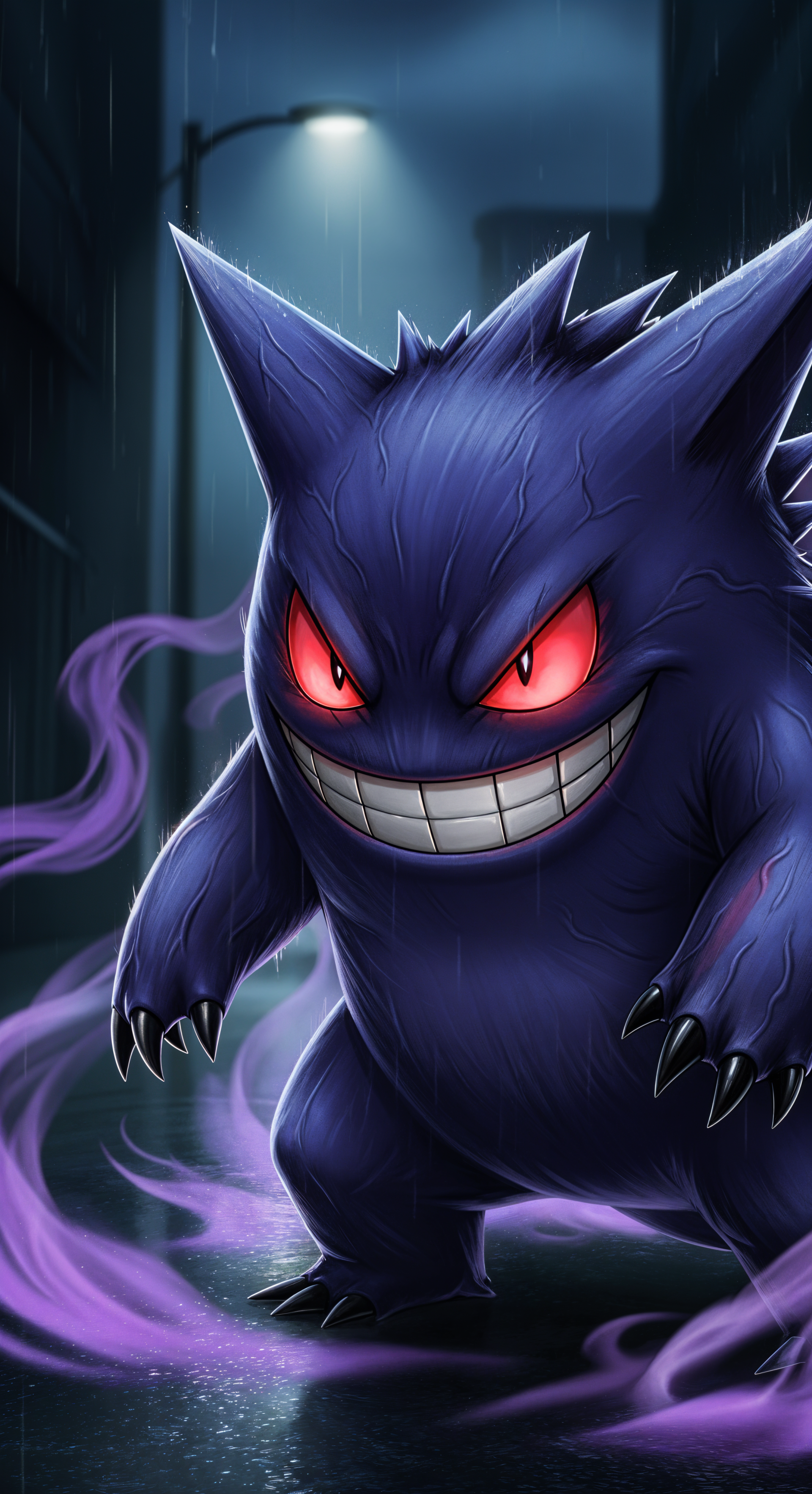 Gengar (Pokémon) fills a vertical phone wallpaper: glowing red eyes, wide sinister grin and purple mist curling around it in a rain-soaked urban alley under a streetlight.