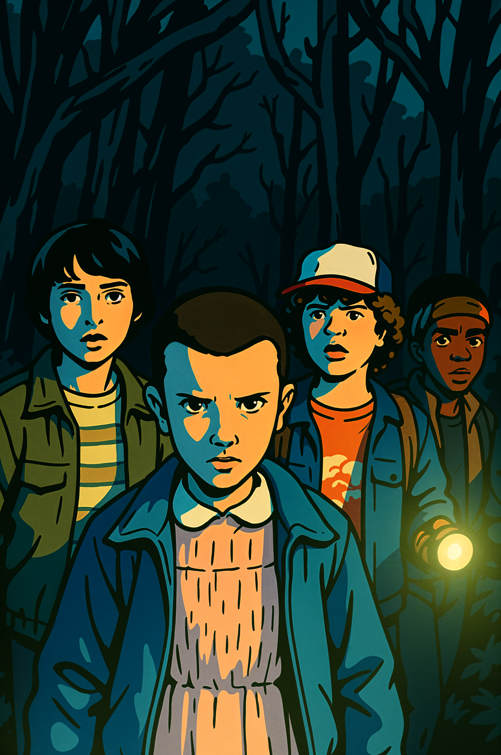 Stranger Things phone wallpaper: four kids in a dark, leafless forest; front girl with shaved head stares fiercely as a flashlight casts an eerie blue-green glow.