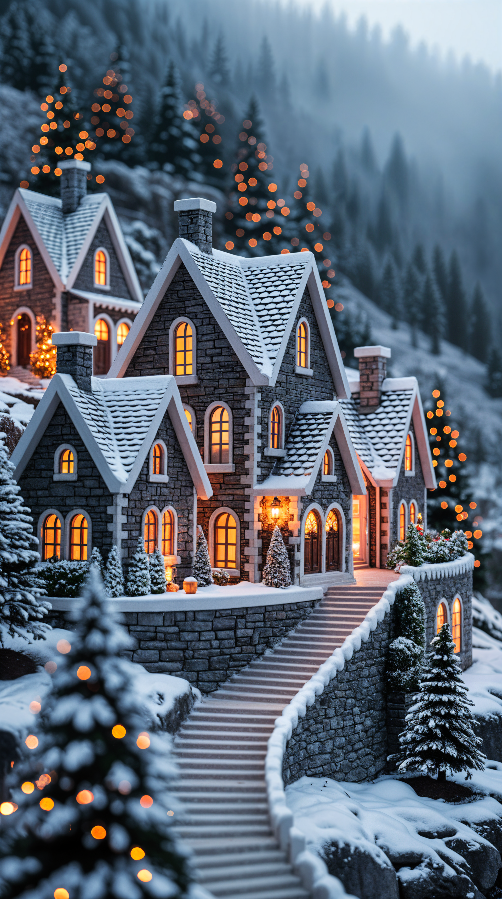 Cozy Christmas phone wallpaper: snow-covered stone cottages with glowing windows and twinkling lights along a winding stair through a snowy pine forest.