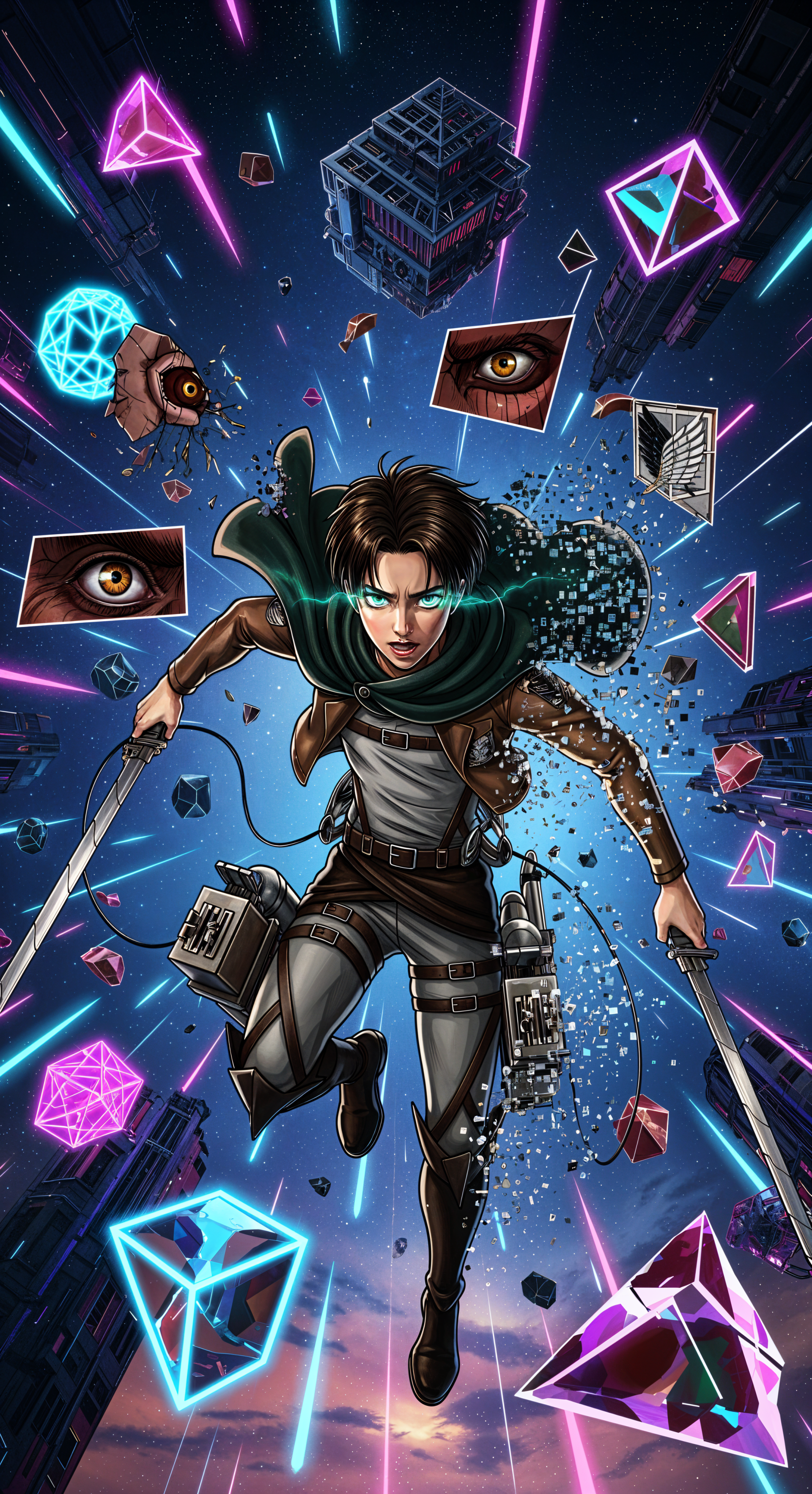 Phone wallpaper of Eren Yeager mid-leap with ODM gear and blades, glowing eyes, fragmented pixels and neon geometric shapes against a starry cosmic backdrop.
