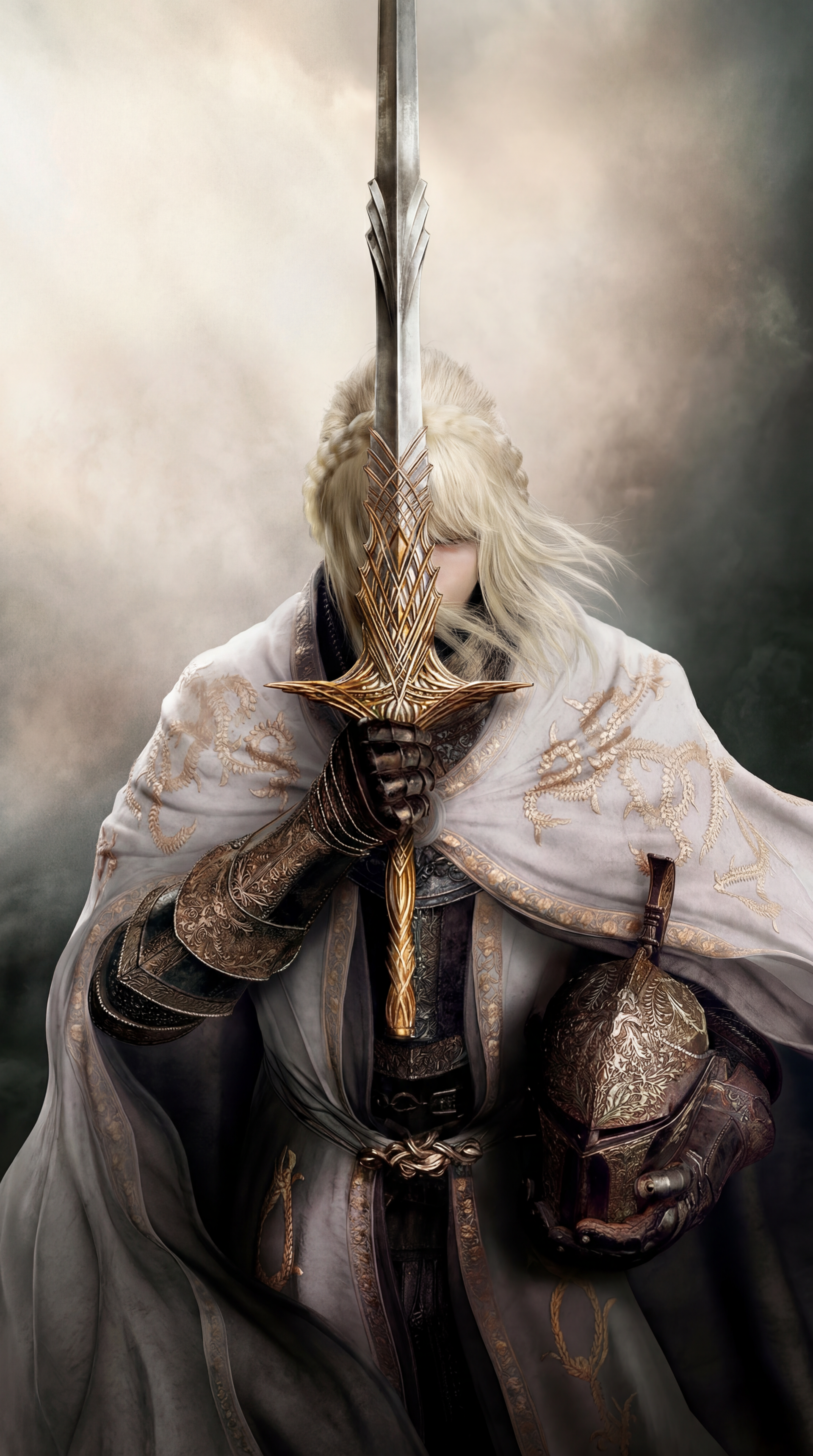 Phone wallpaper from the video game Elden Ring: Shadow of the Erdtree — pale armored knight holds a golden-hilt sword upright before their face, white cloak, helm at side, misty background.