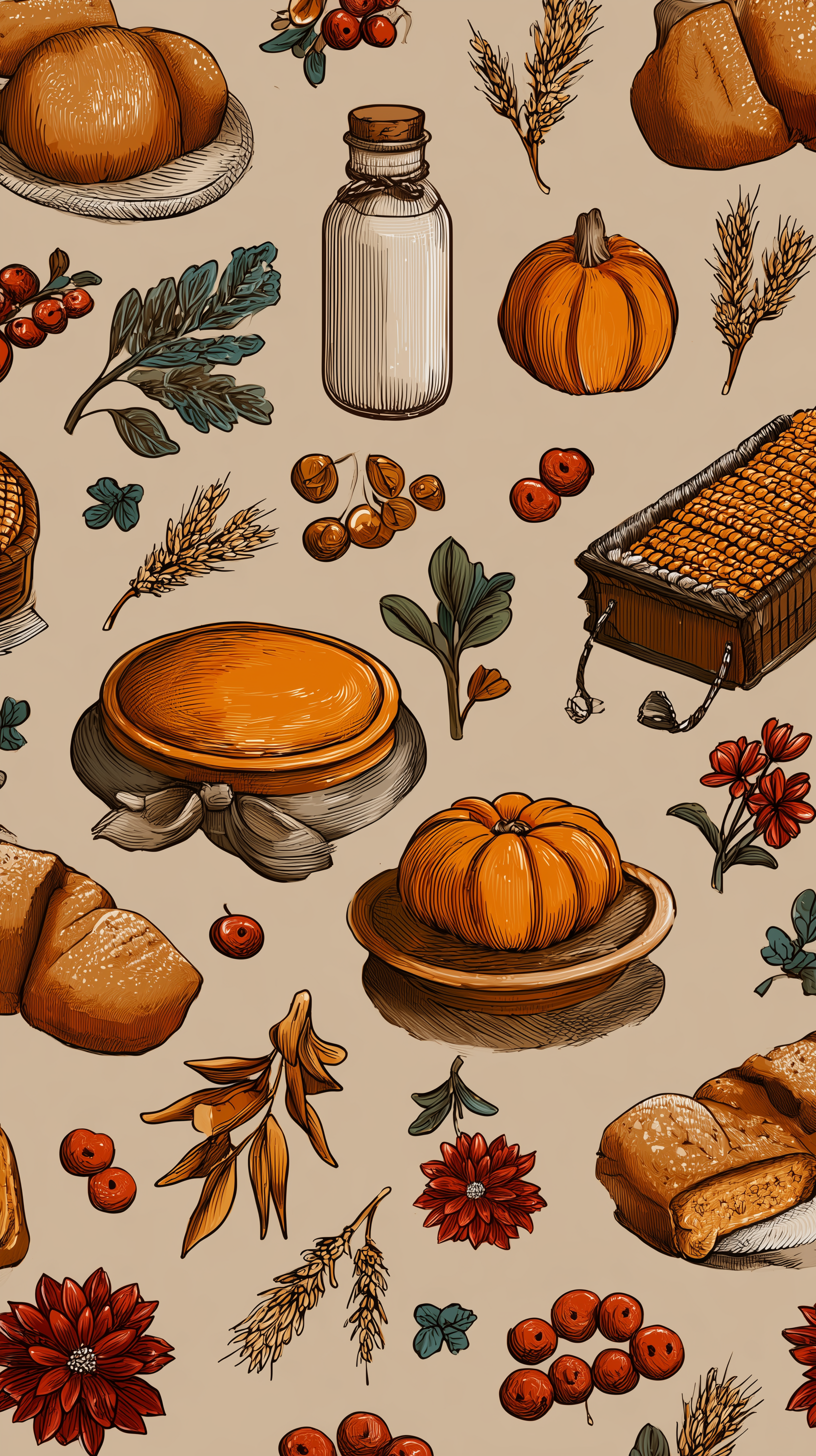 Phone wallpaper illustration: warm aesthetic Thanksgiving holiday pattern with pumpkins, pie, corn, bread, berries, a milk bottle and autumn sprigs on a beige background.