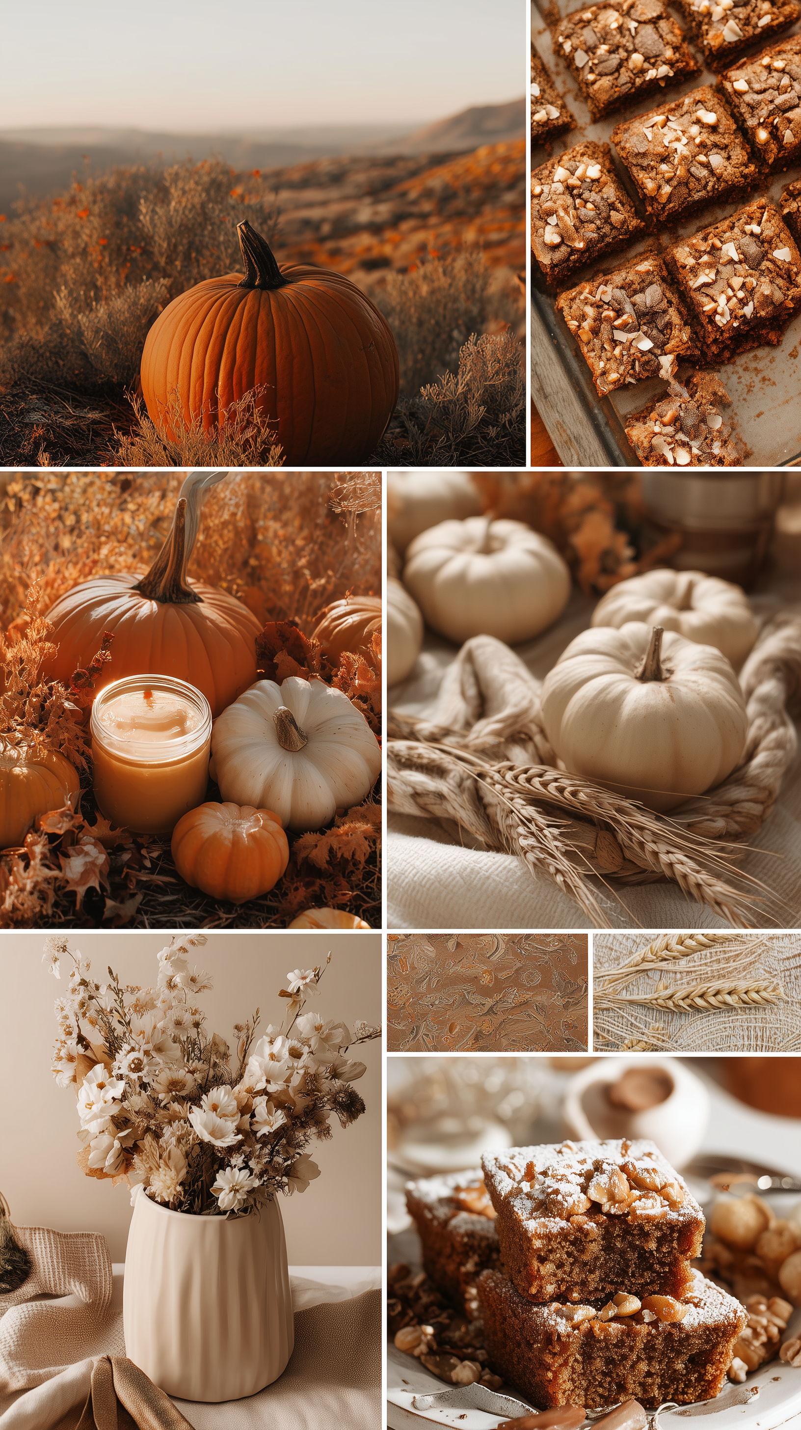 Phone wallpaper aesthetic collage of pastel Thanksgiving scenes: pumpkins, baked treats, neutral florals and wheat in warm autumn tones.