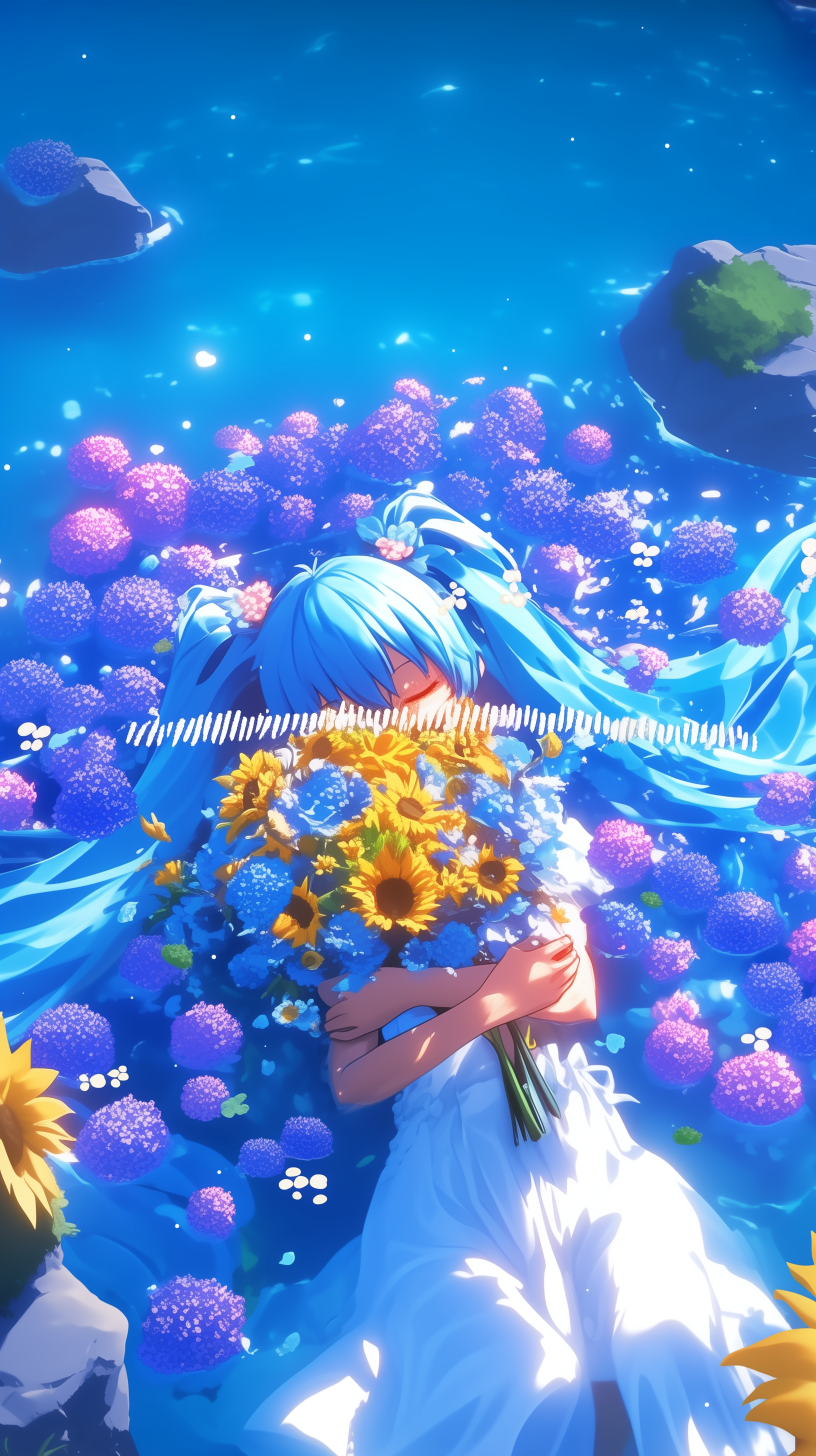 Phone wallpaper of Hatsune Miku: blue-haired anime figure lying among blue blossoms, clutching a bright sunflower-and-blue bouquet beneath a shimmering, sea-like sky.
