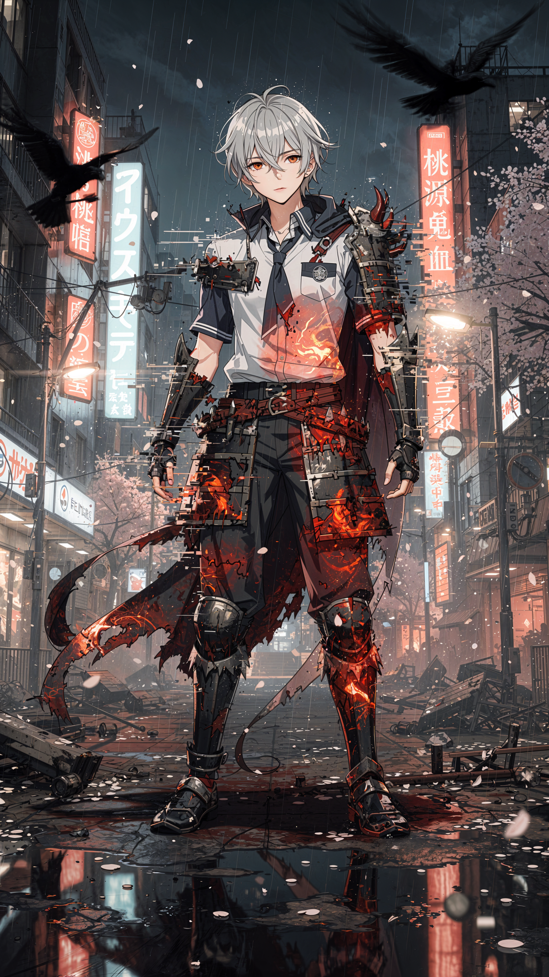 Phone wallpaper: anime white‑haired warrior in torn armor with glowing ember cracks, standing in a rainy neon‑lit Tokyo street, crows overhead and cherry blossoms drifting.