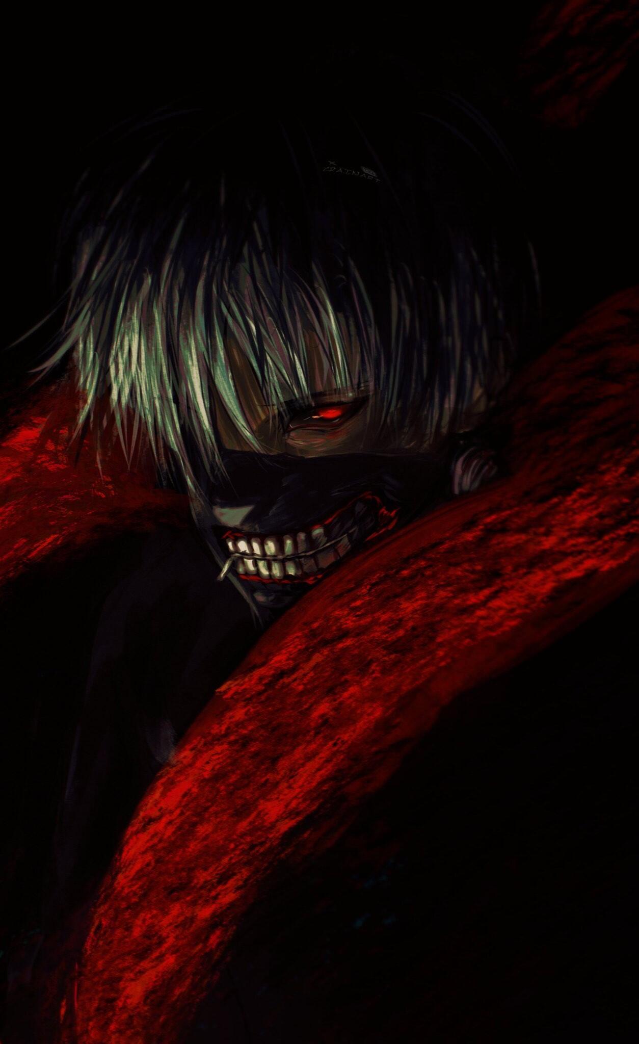 Dark anime phone wallpaper of Tokyo Ghoul's Ken Kaneki: half-masked face with glowing red eyes and blood-red kagune tendrils emerging from black shadows.